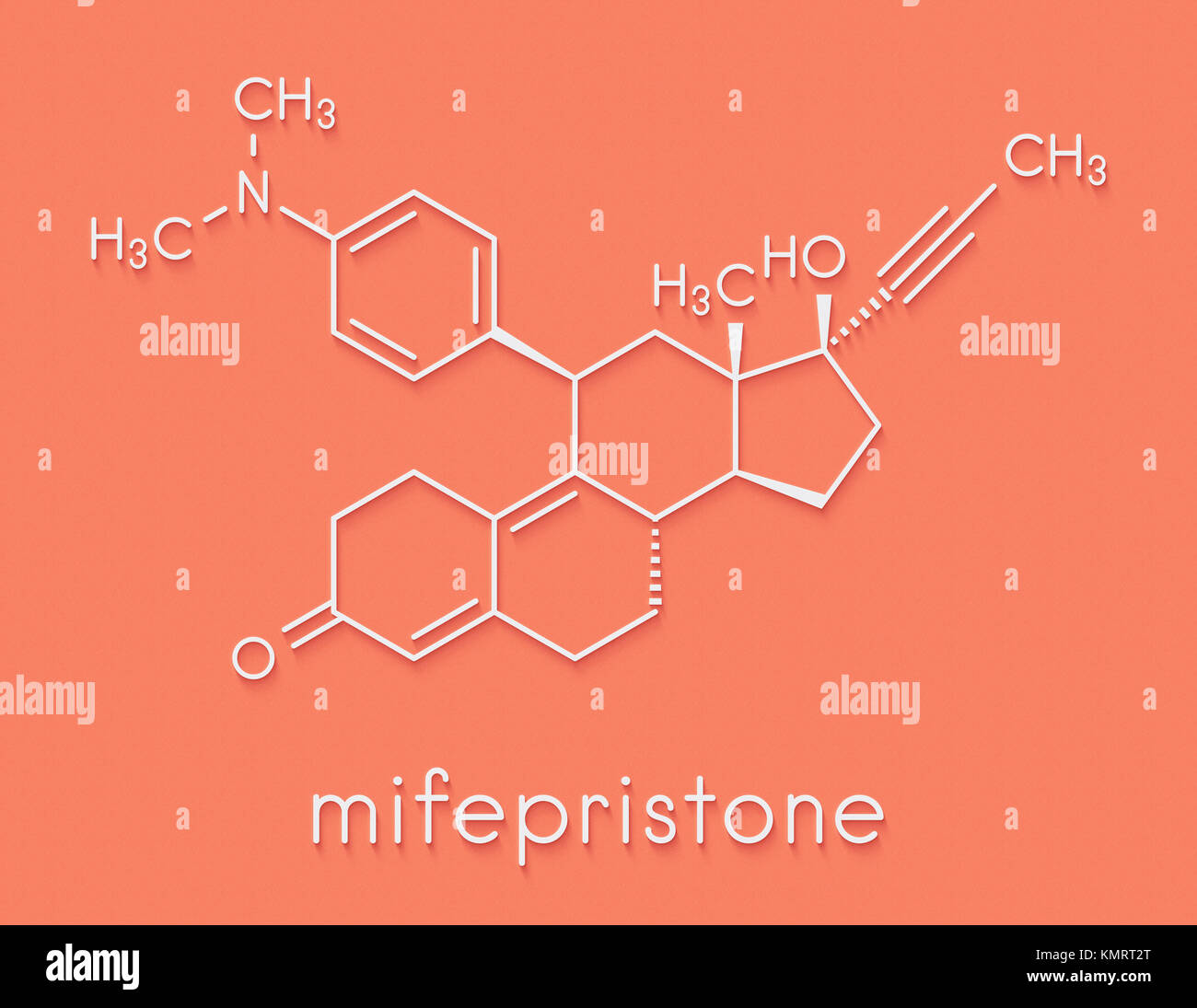 Mifepristone abortion inducing drug molecule. Also used as emergency contraceptive agent. Skeletal formula. Stock Photo