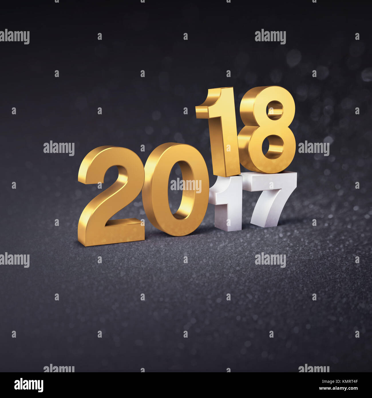 Gold New Year date 2018 above 2017, on a glittering black background - 3D illustration Stock Photo