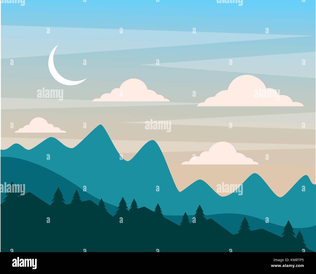 night hills landscape mountains trees and moon clouds sky Stock Vector