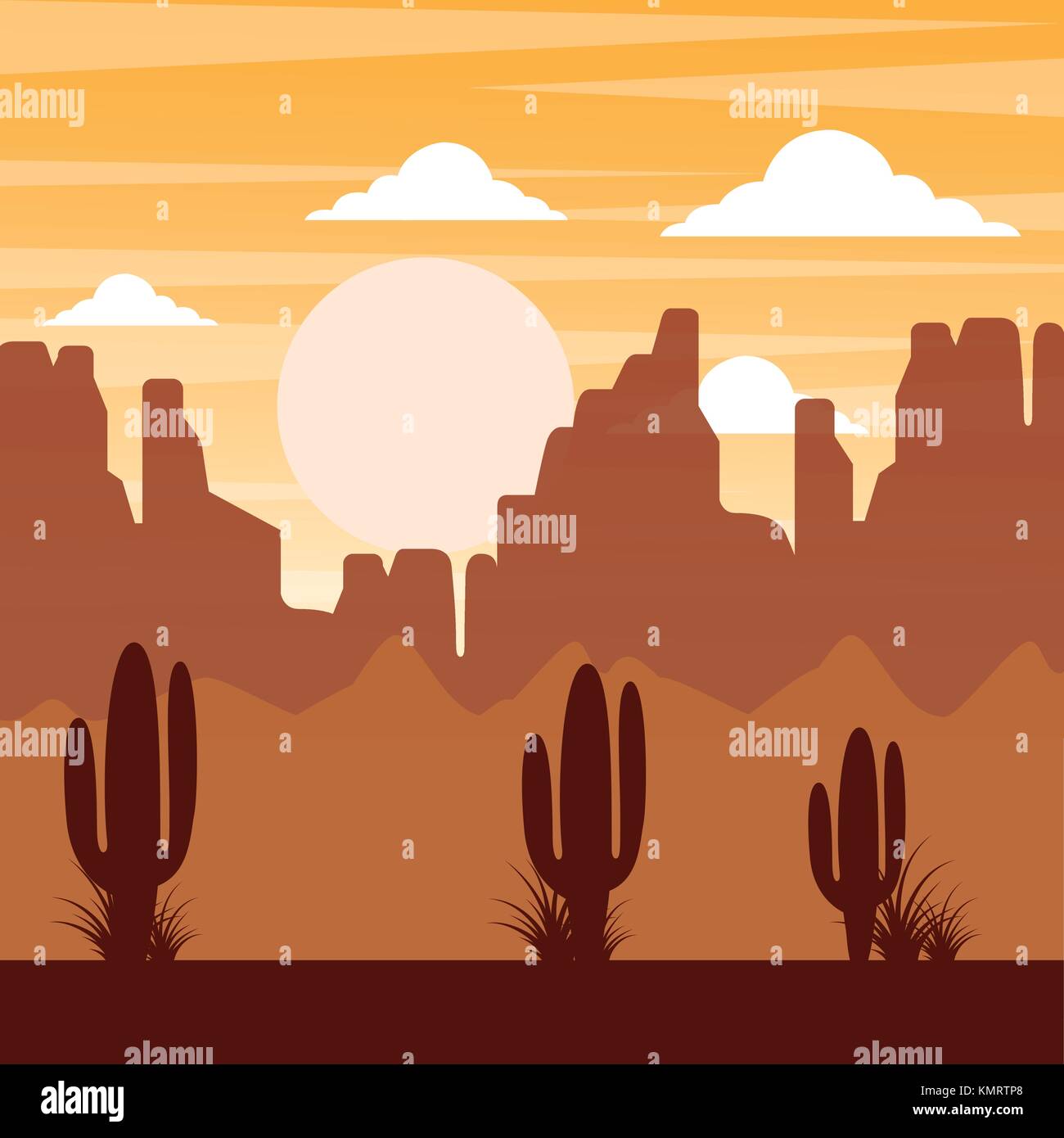 cartoon desert landscape with cactus hills and mountains silhouettes ...