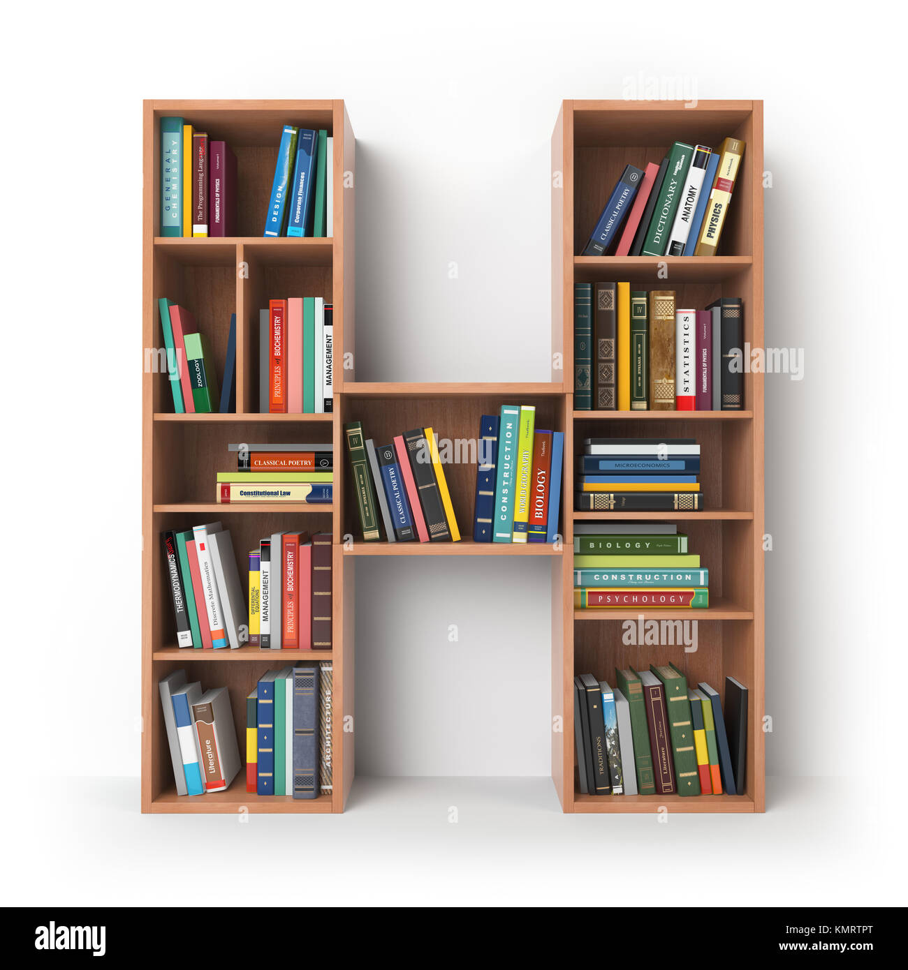 Letter H. Alphabet in the form of shelves with books isolated on white. 3d illustration Stock Photo