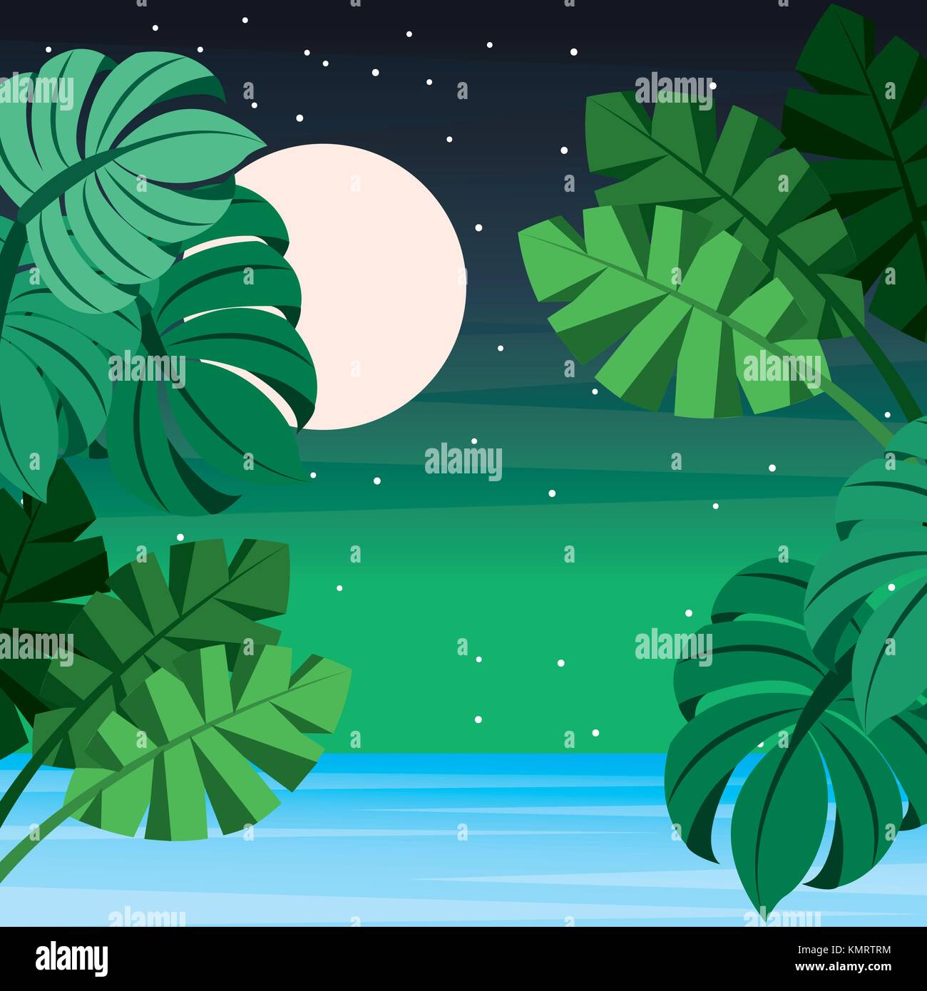 landscape tropical leaves palm sea full moon starry Stock Vector Image ...