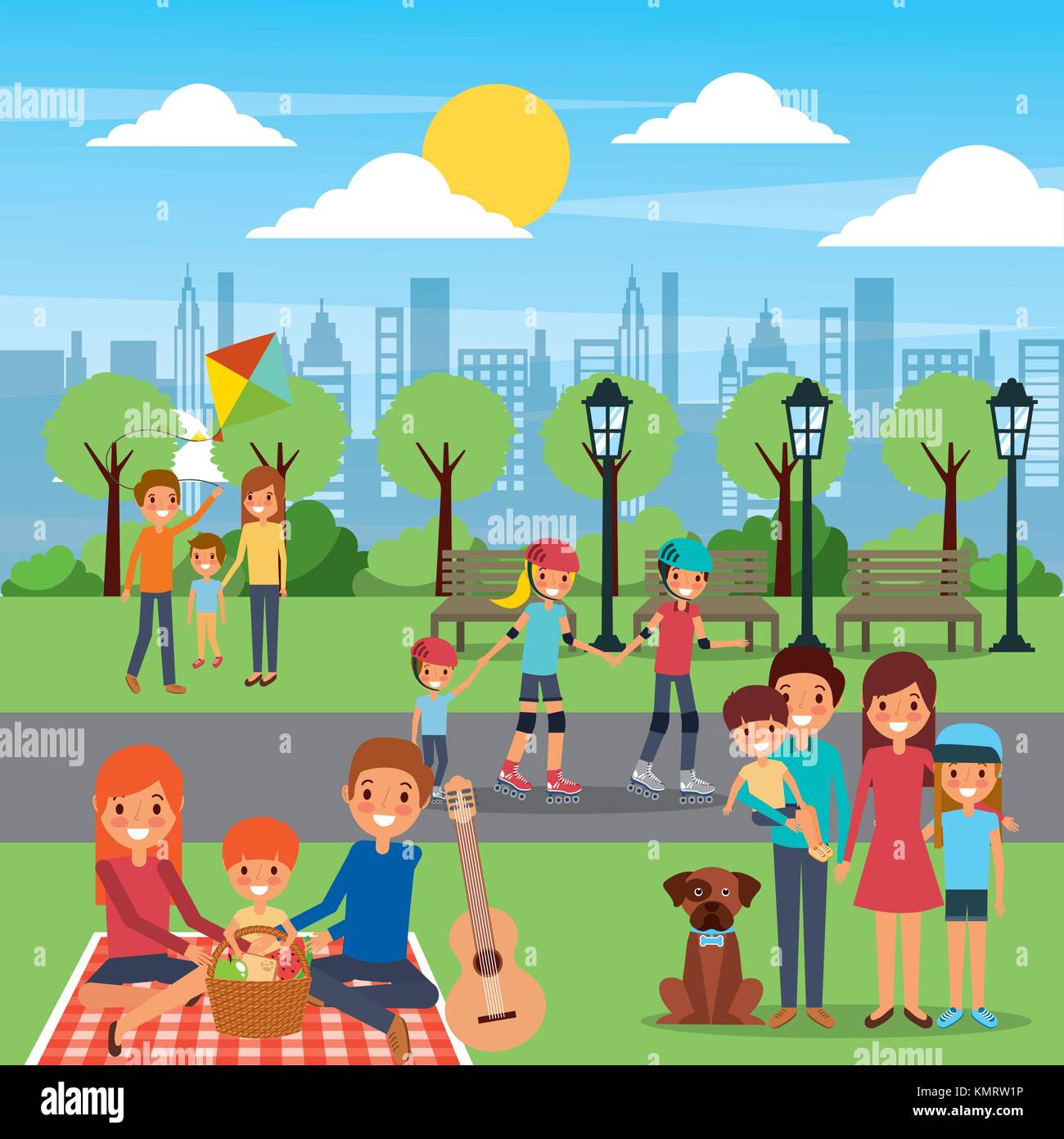 differents-family-activities-in-the-park-city-sunny-day-stock-vector