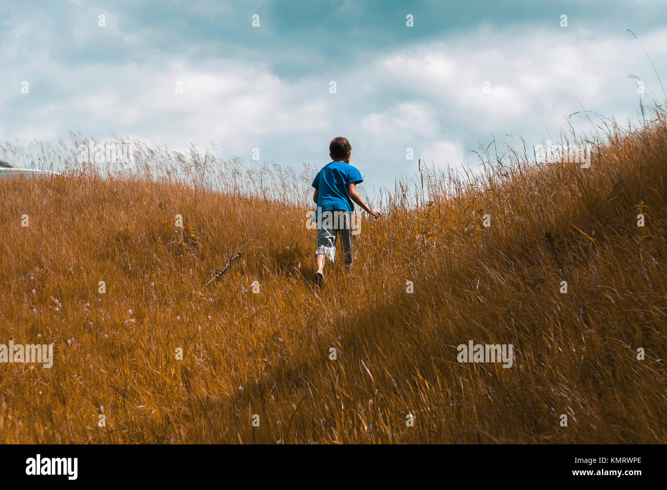 Rear view of boy climbing hill against cloudy sky Stock Photo