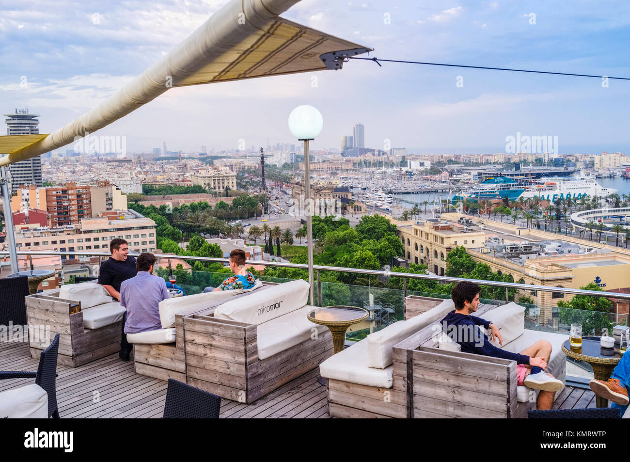 People at the panoramic terrace of Miramar restaurant, Montjuic, Barcelona, Spain Stock Photo