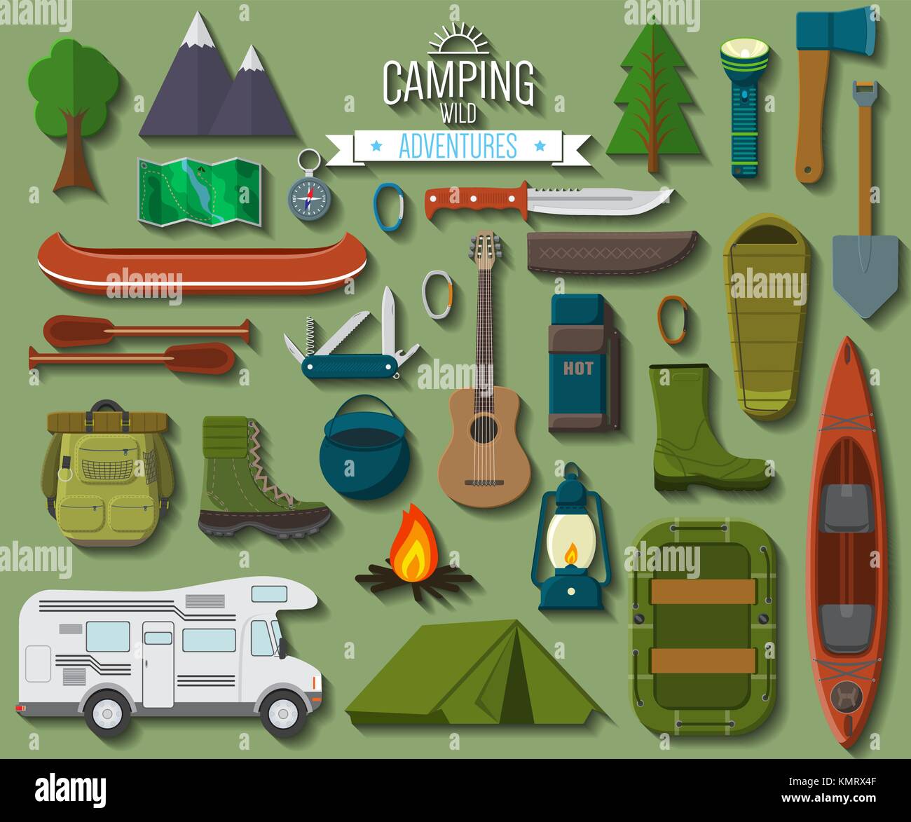 Flat design modern vector illustration of camping and hiking equipment ...