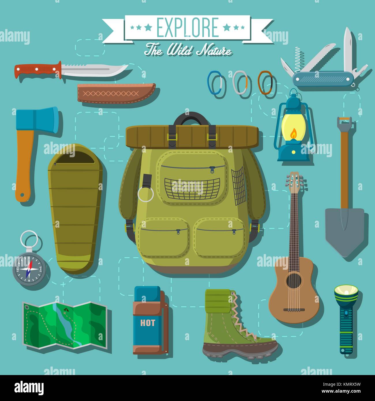 Flat design modern vector illustration of camping and hiking equipment ...