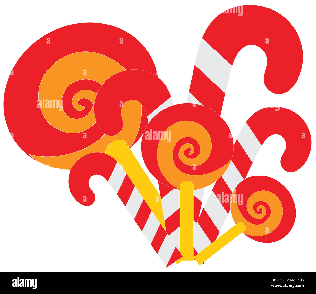 Candy Canes and lollypops or lollipops isolated on white background. Red white and orange candy cane and lollipop or lollypop candies. Traditional Chr Stock Photo
