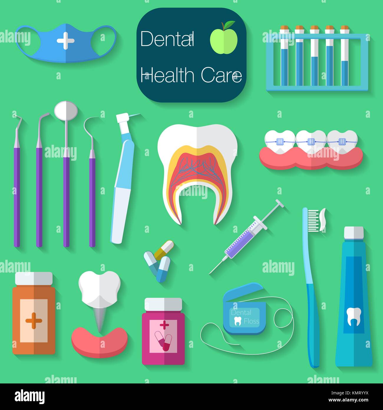 Dental care flat design Vector illustration with Dental floss, teeth ...