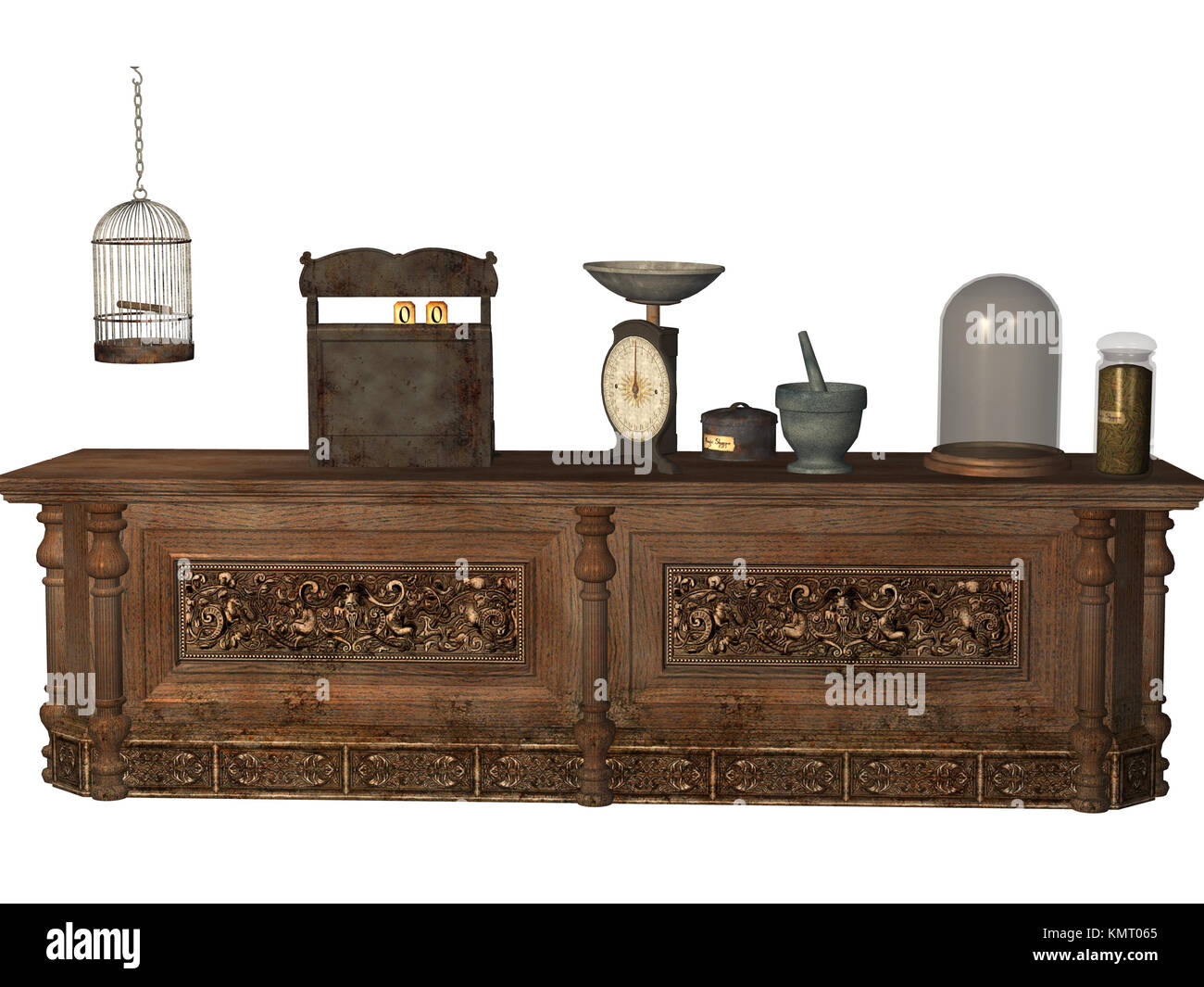 Magic shoppe counter with a cash register, scale and birdcage Stock