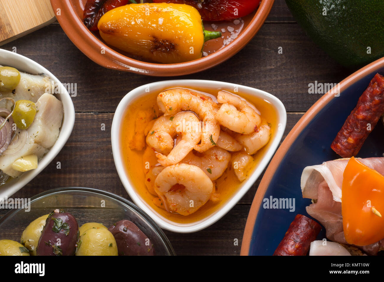 Sharing mixed spanish tapas starters on table. Top view Stock Photo Alamy