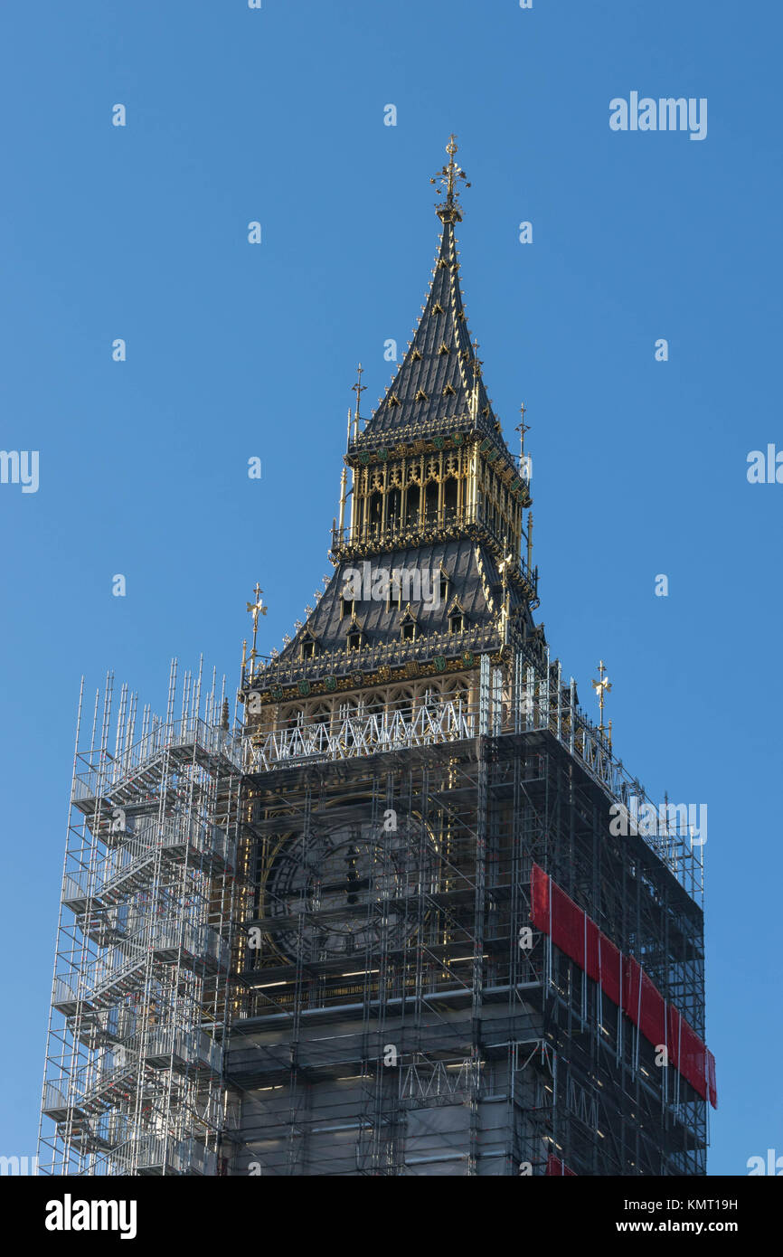 LONDON, UK - October 17th, 2017: close up of Scaffolding around the Elizabeth Tower, more commonly known as Big Ben, during the extensive restoration and repairs of the Houses of Parliament. Stock Photo