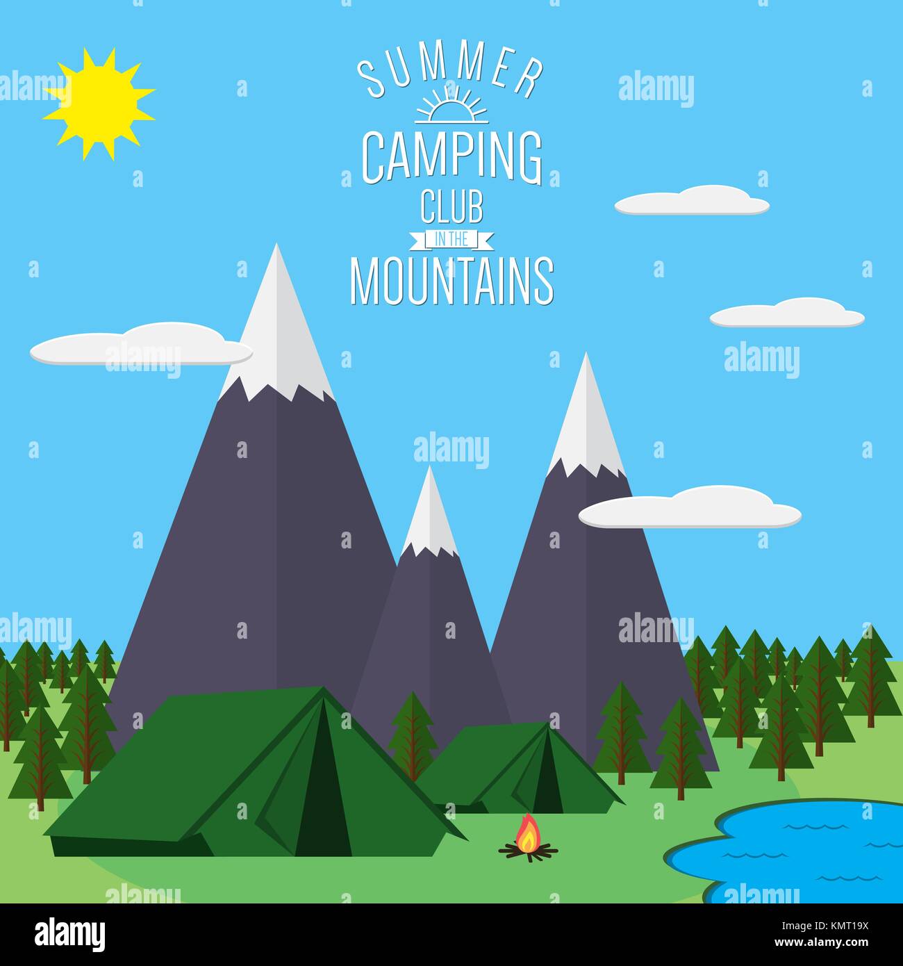 Mountains with forest and lake landscape flat vector illustration, for ...