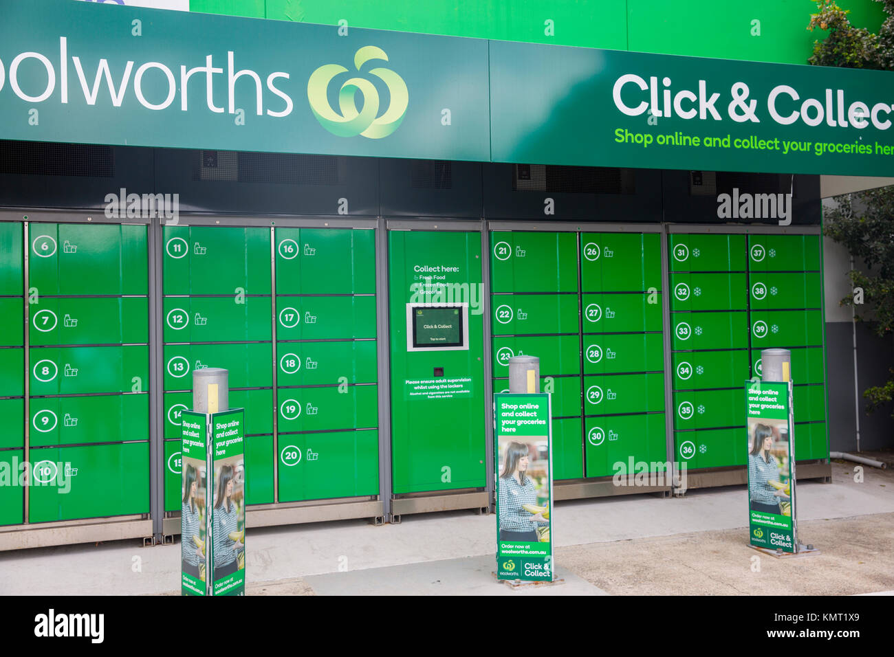 Woolworths supermarket click and collect units at Sydney petrol station
