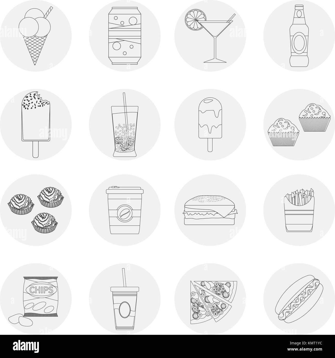 Snack Menu Flat design modern vector illustration of food, drink, coffee, hamburger, pizza, beer, cocktail, fastfood, cola, ice cream, potato chips, c Stock Vector