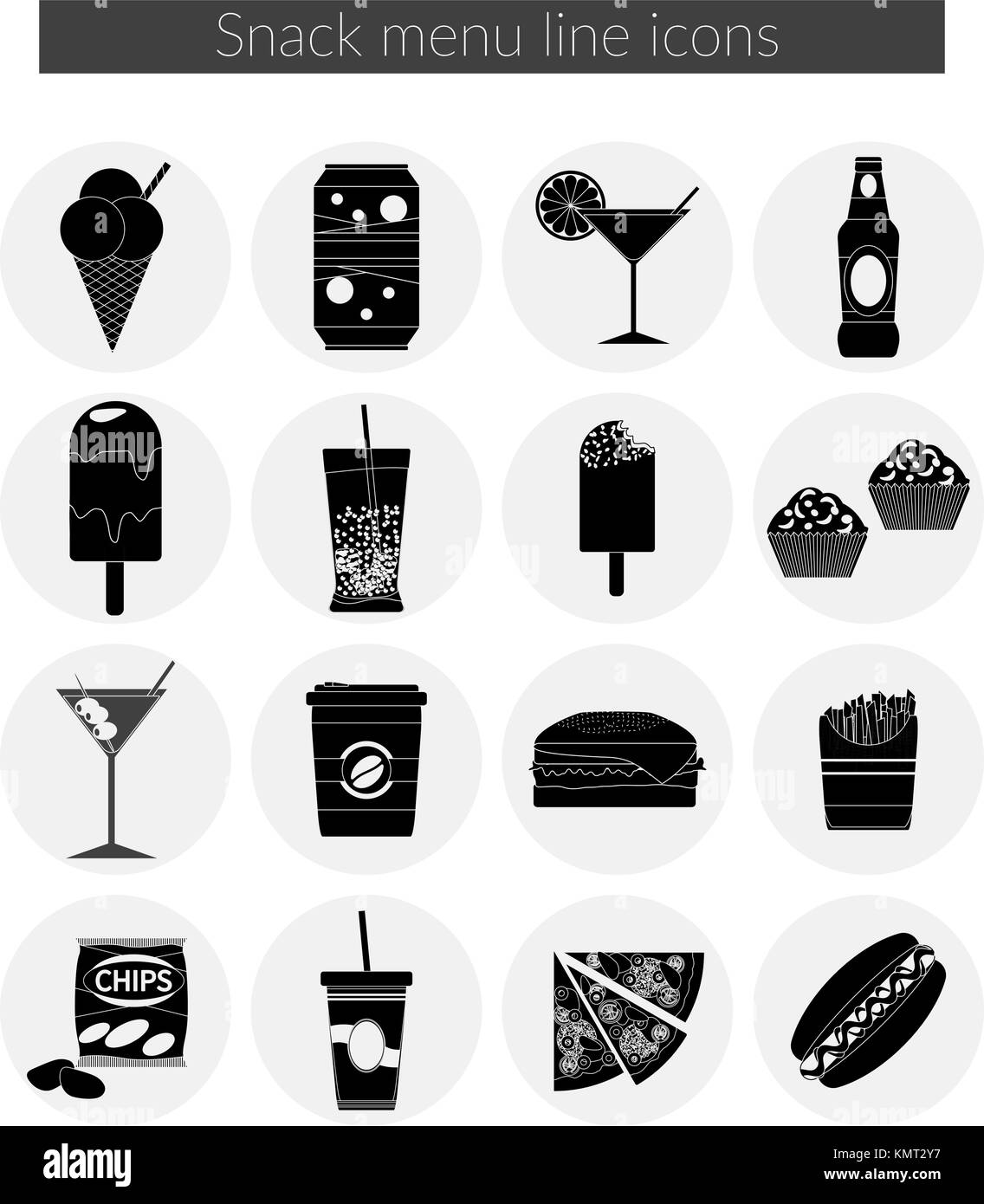 Snack Menu line icons set vector illustration of food, drink, coffee, hamburger, pizza, beer, cocktail, fastfood, cola, ice cream, potato chips, candy Stock Vector