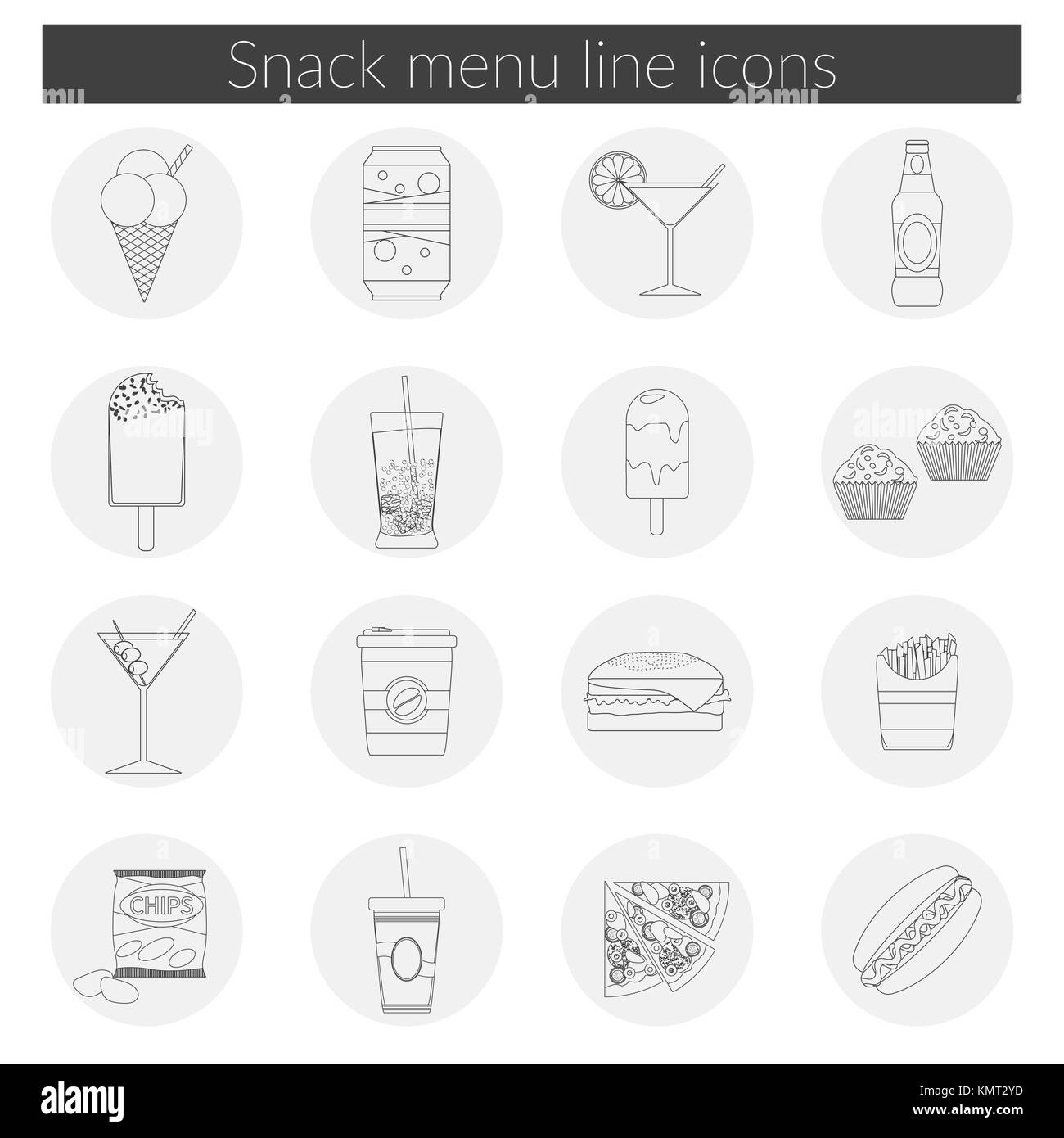 Snack Menu line icons set vector illustration of food, drink, coffee, hamburger, pizza, beer, cocktail, fastfood, cola, ice cream, potato chips, candy Stock Vector