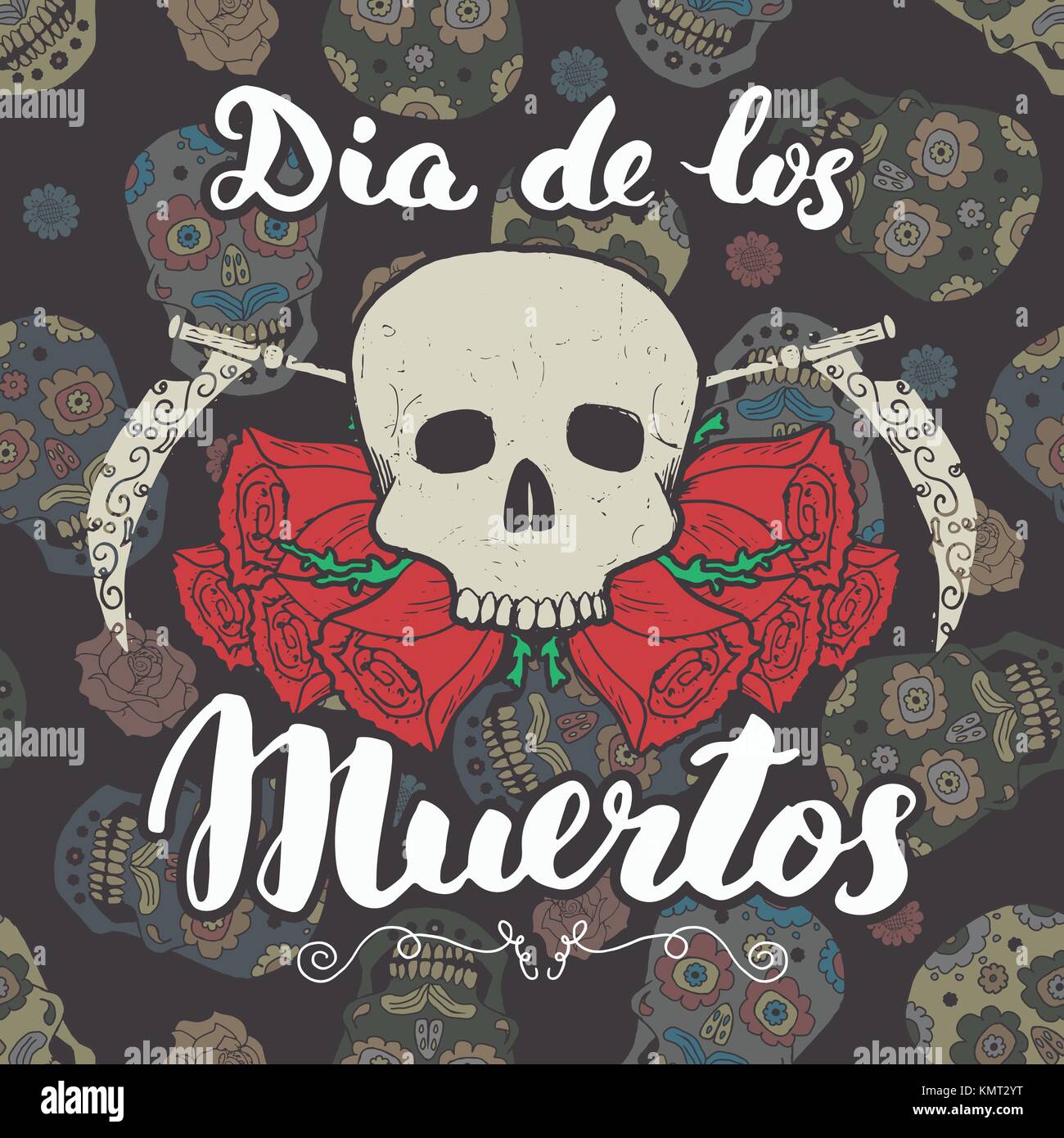 Day of the Dead, lettering quote with handdrawn skull and roses
