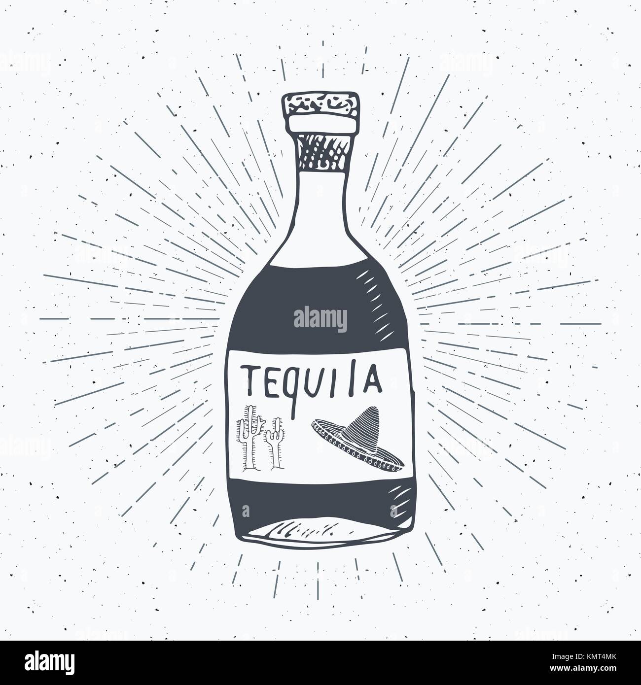 Vintage label, Hand drawn bottle of tequila mexican traditional alcohol drink sketch, grunge textured retro badge, emblem design, typography t-shirt p Stock Vector