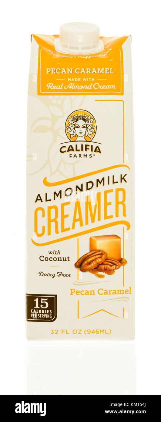 Winneconne, WI - 1 December 2017:  A bottle of Califia Farms Almondmilk coffee creamer in pecan caramel flavor on an on an isolated background. Stock Photo