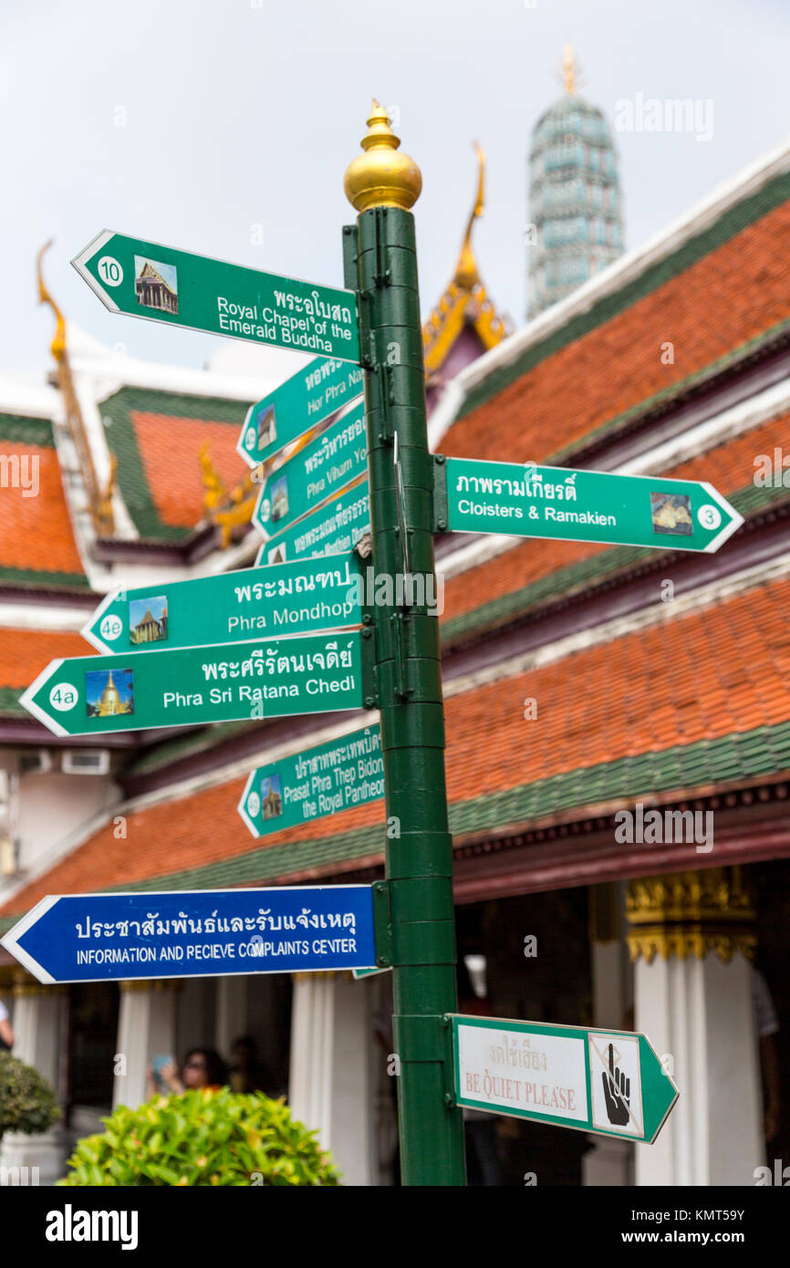 Bangkok, Thailand.  Direction Signpost inside the Royal Grand Palace Compound. Stock Photo
