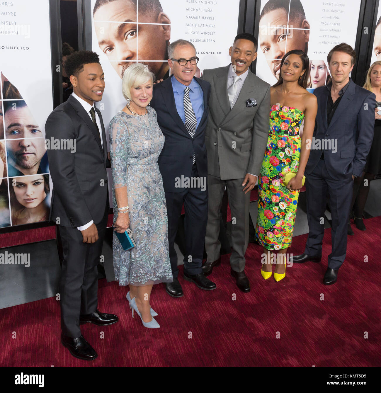 New York, NY - December 12. 2016: Jacob Latimore, Helen Mirren, David Frankel, Will Smith, Naomie Harris, Ed Norton attend Collateral Beauty movie premiere at Frederick Rose Hall Jazz at Lincoln Center Stock Photo