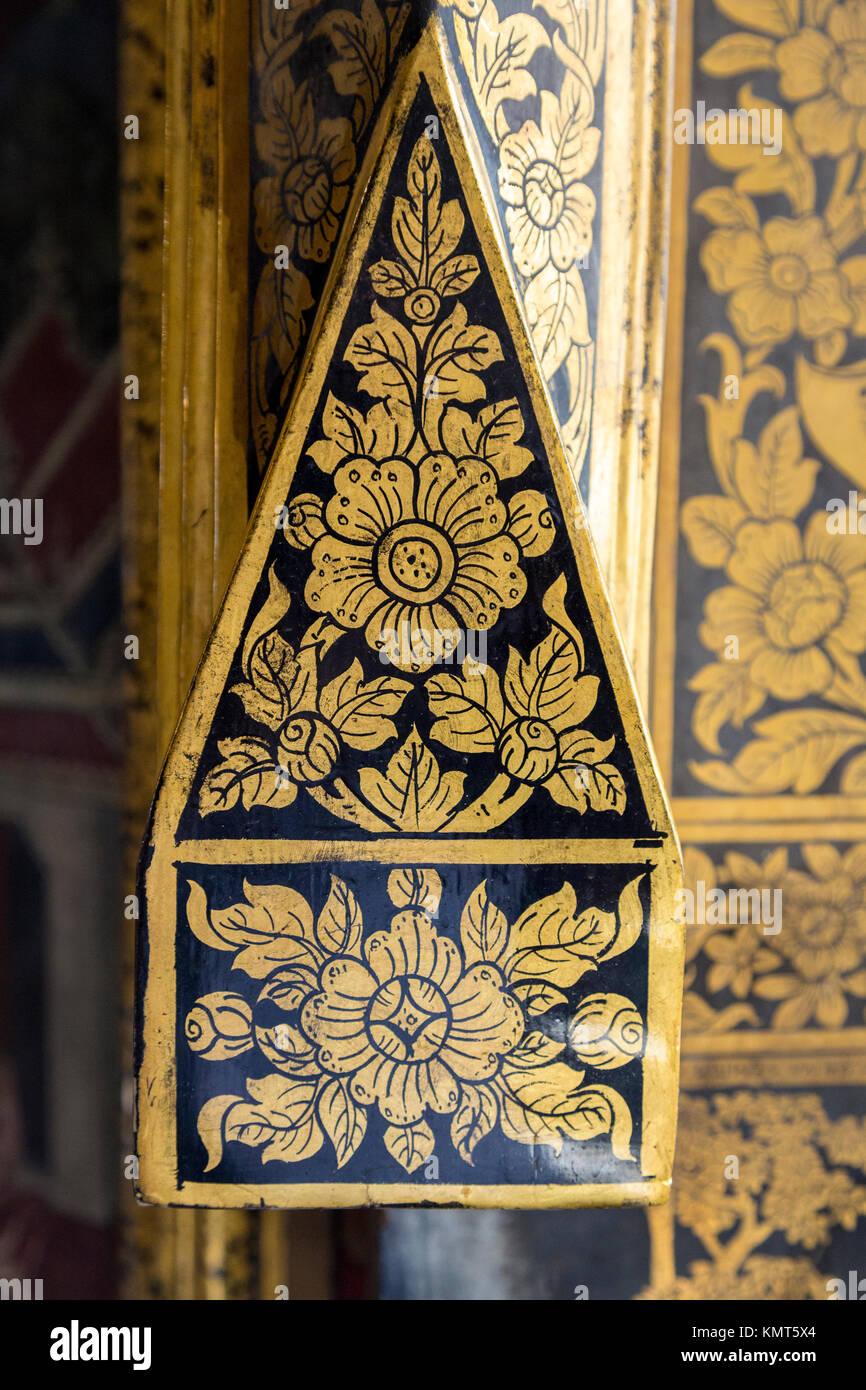 Bangkok, Thailand.  Wat Pho Temple.  Lotus Flower Carving on Wall Panel. Stock Photo