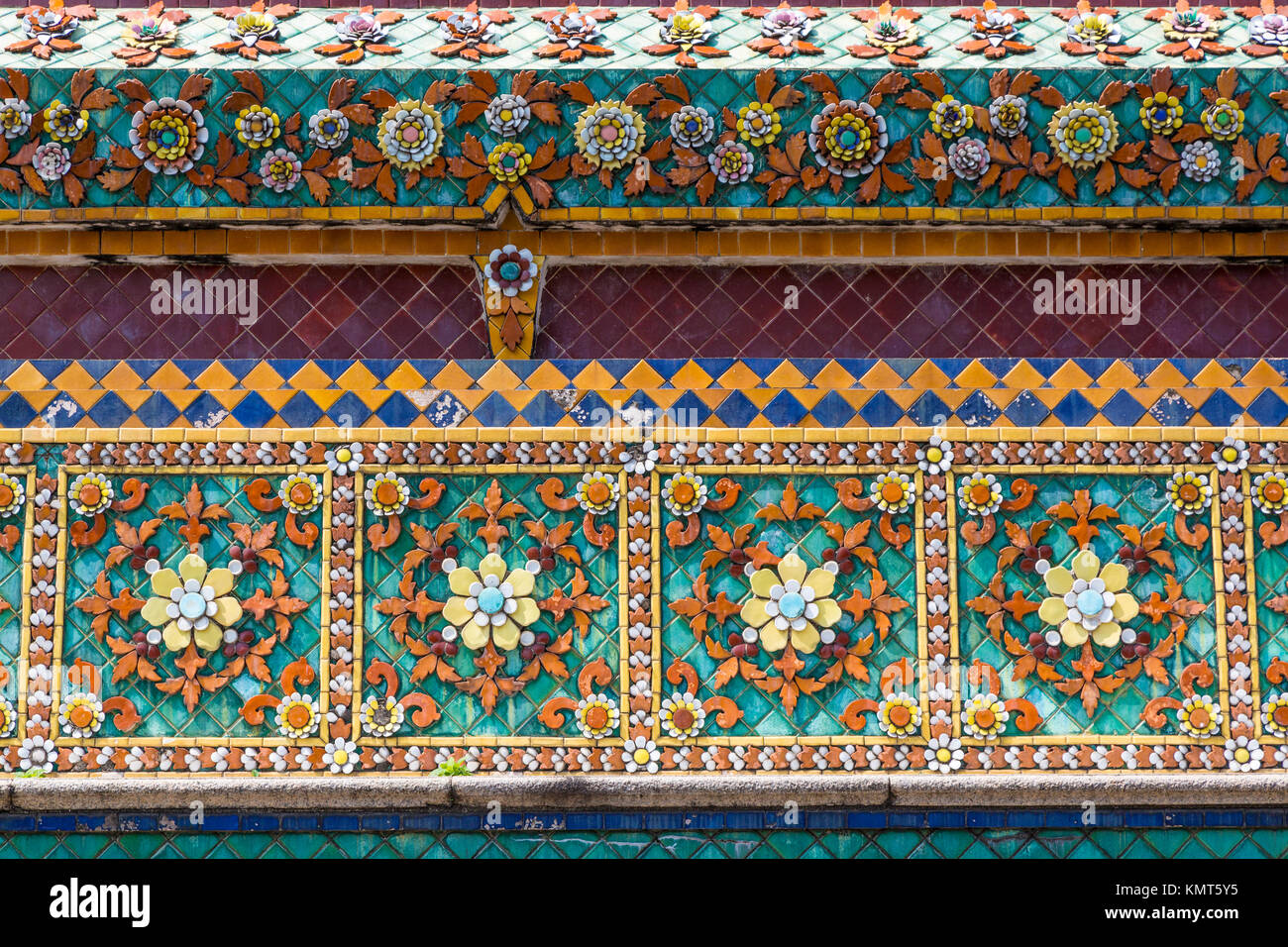 Bangkok, Thailand.  Ceramic Decoration on the Phra Maha Chedi of King Rama I, Sri Sanpetdayarn, in the Wat Pho Compound of the Reclining Buddha. Stock Photo