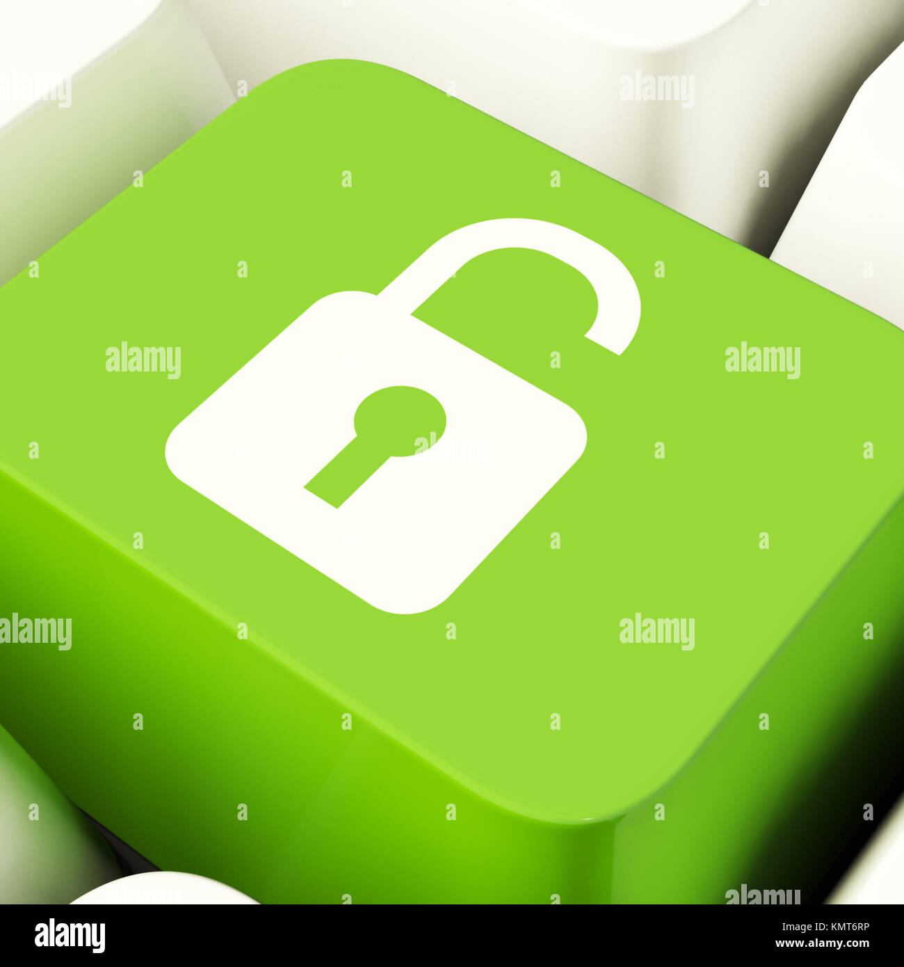 Unlocked Padlock Computer Key In Green Showing Access And Protection Stock Photo