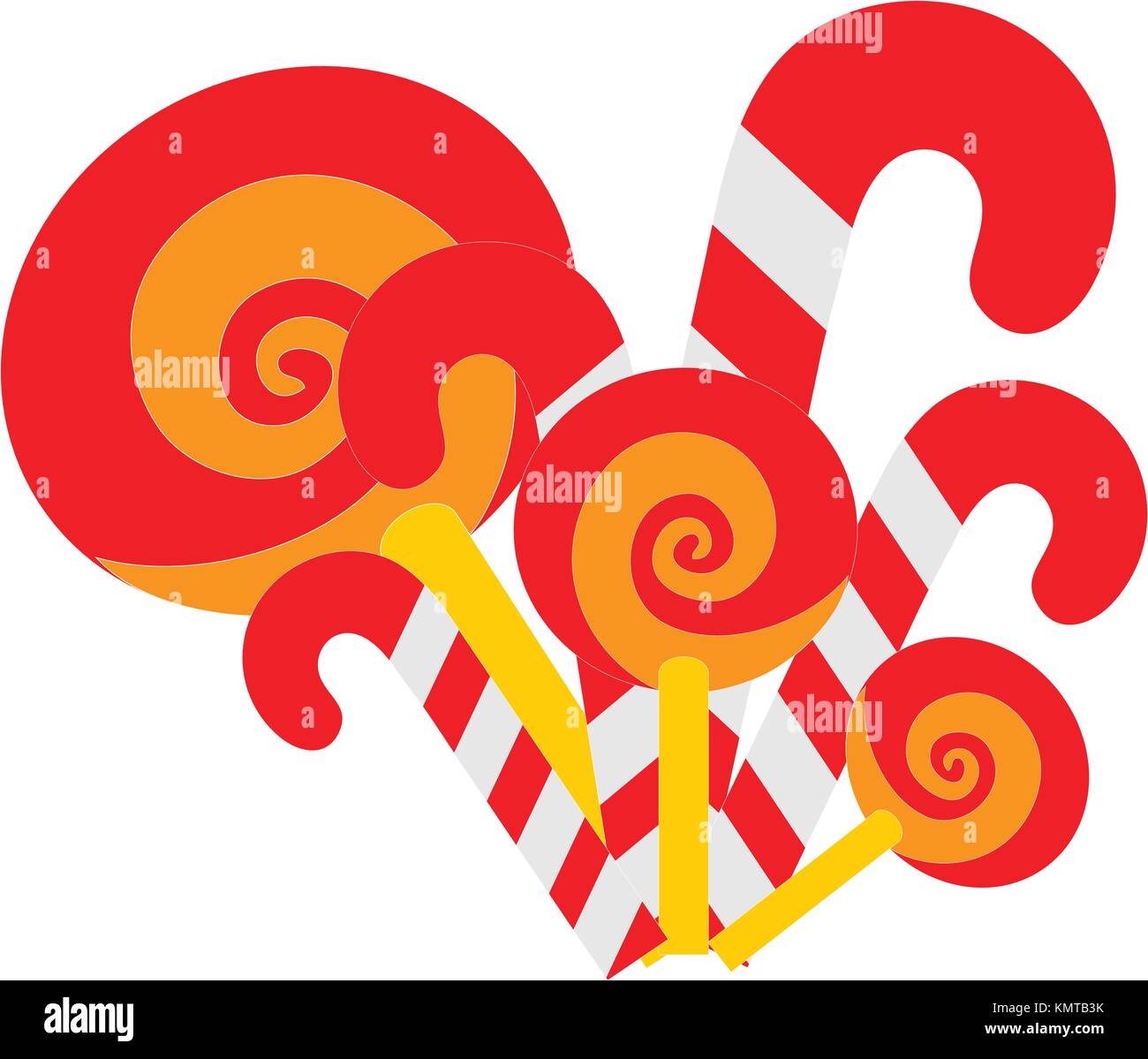 Candy Canes and lollypops or lollipops isolated on white background. Red white and orange candy cane and lollipop or lollypop candies. Traditional Chr Stock Vector