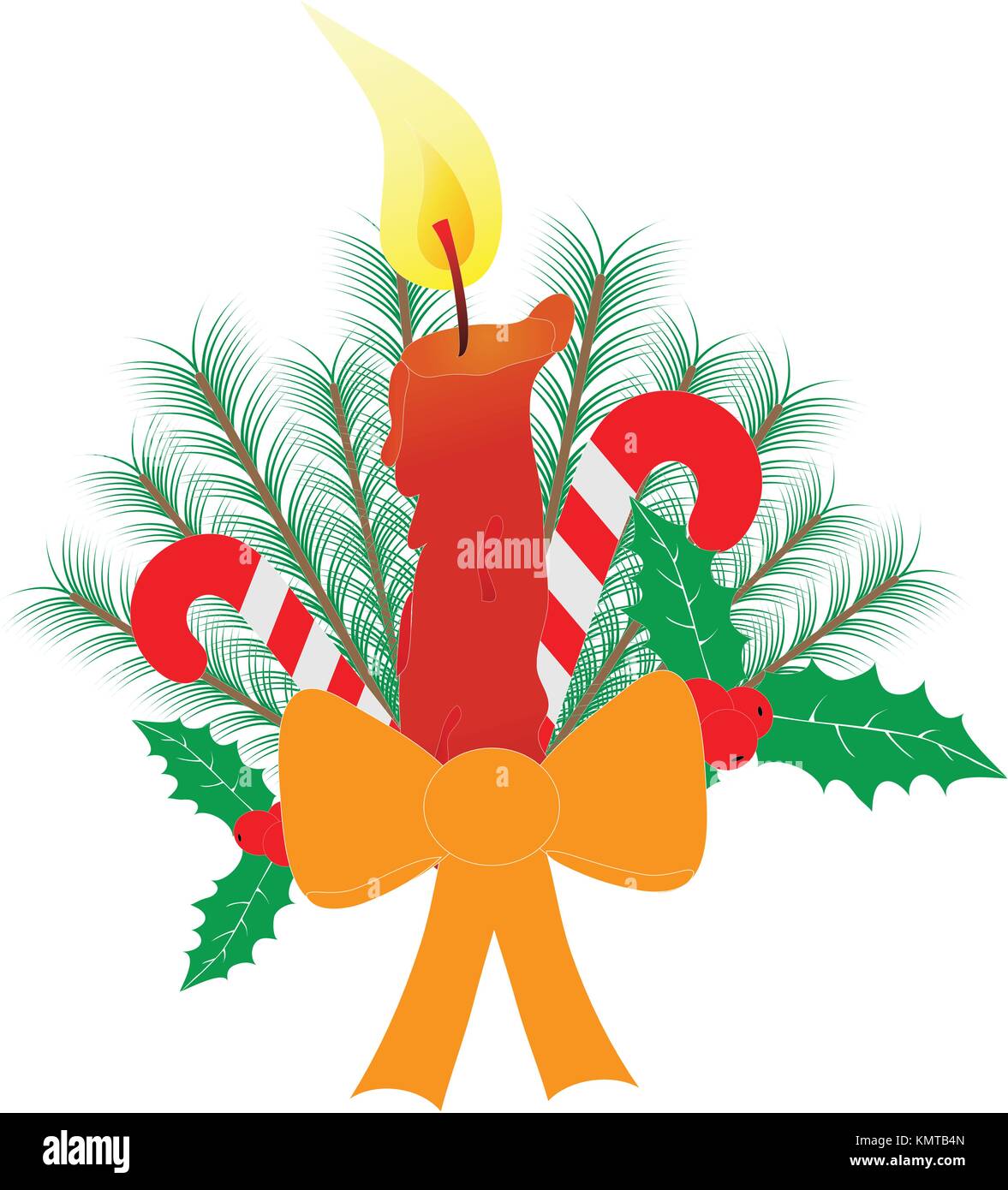 Christmas candles with a large ribbon bow candy canes holly berry pine tree branches isolated on white background. Red yellow and orange. Traditional  Stock Vector