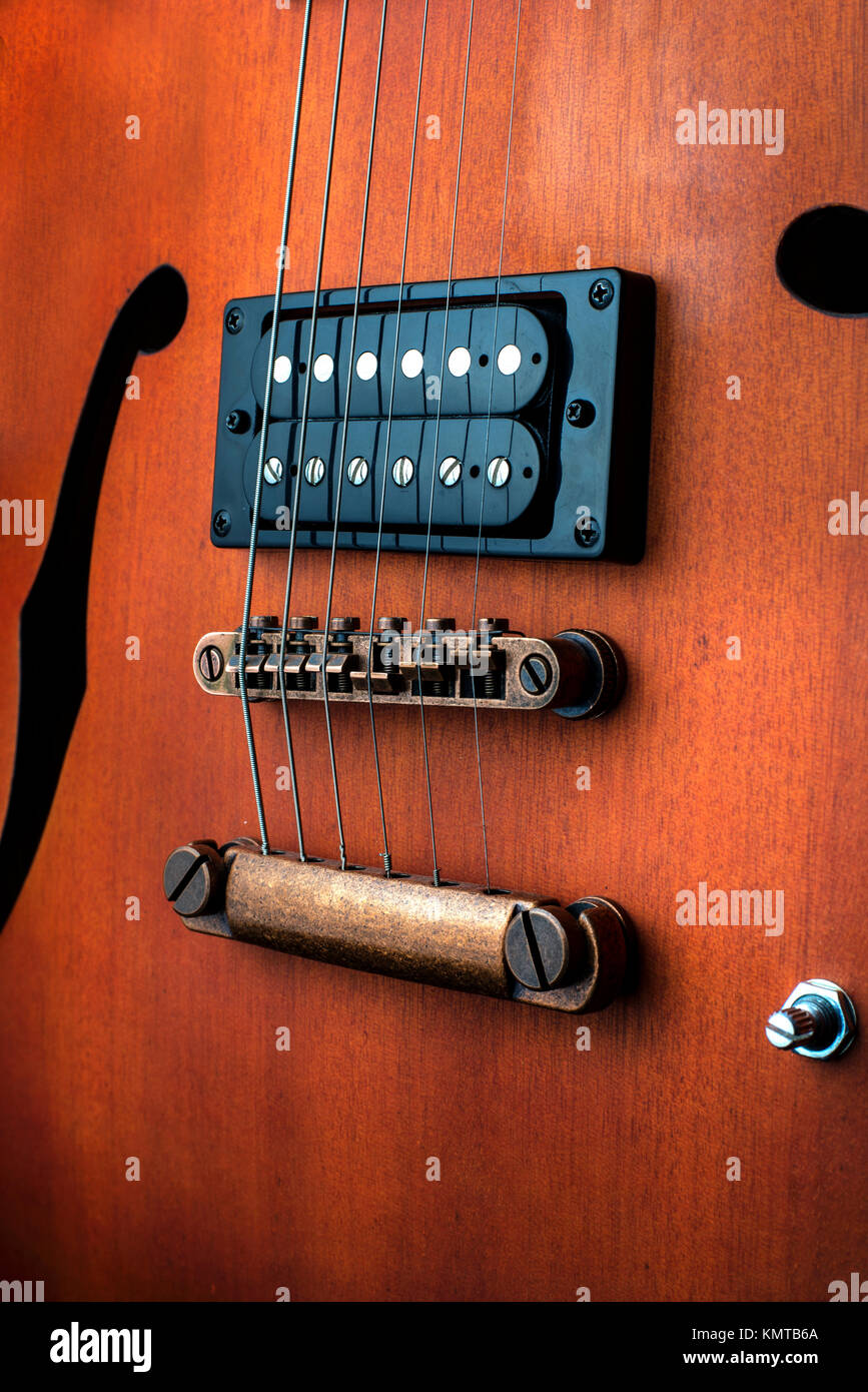 Hollow body electric guitar with humbuckers. Macro shot, black