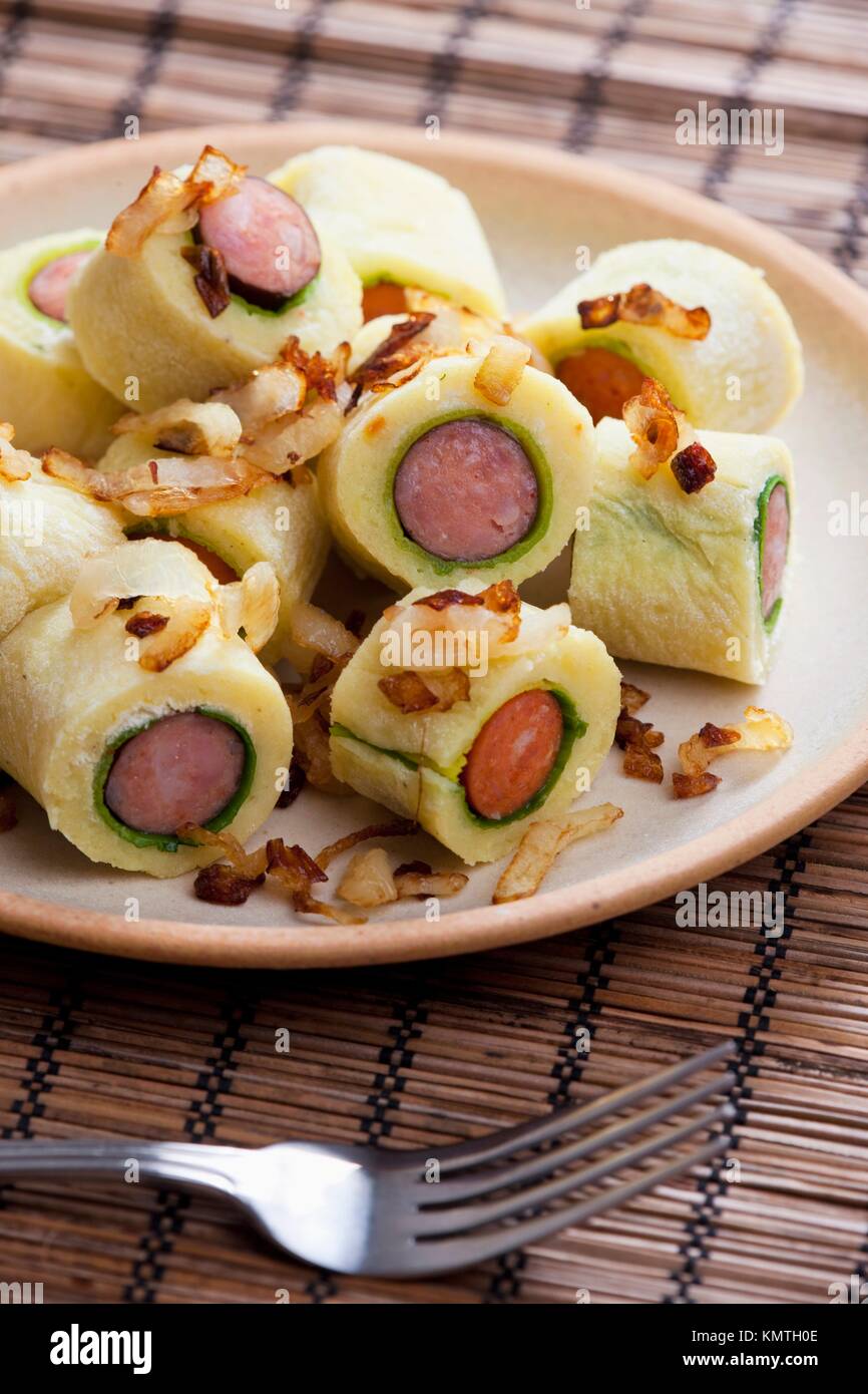 potato dumplings with sausage Stock Photo Alamy