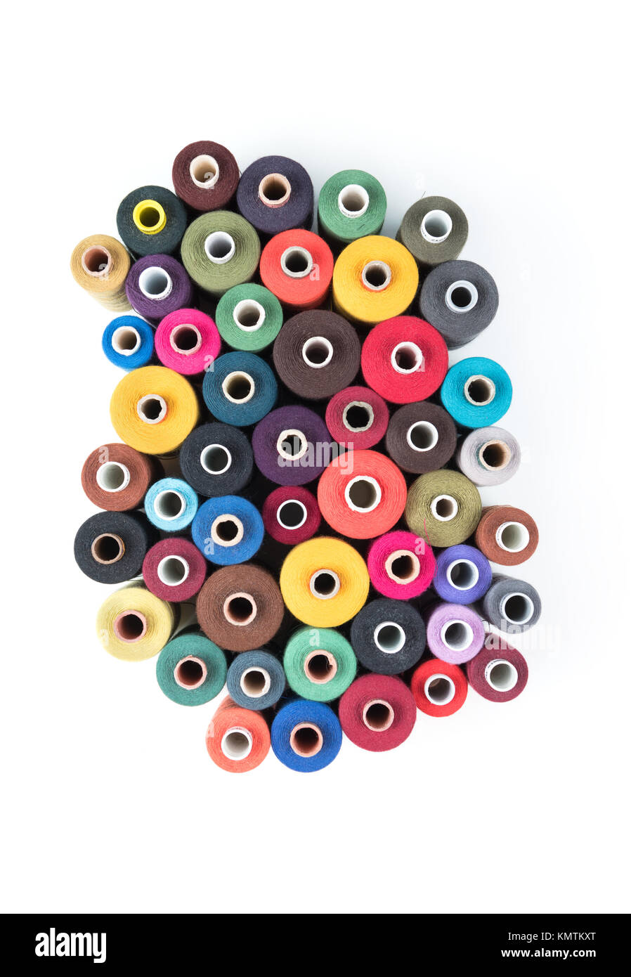 Set of colored thread coils on white background, sewing and tailoring