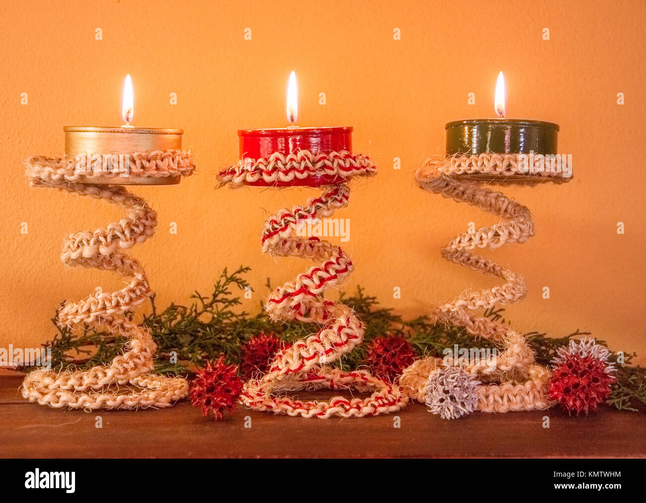 rustic handmade candlesticks made with recycled materials Stock Photo