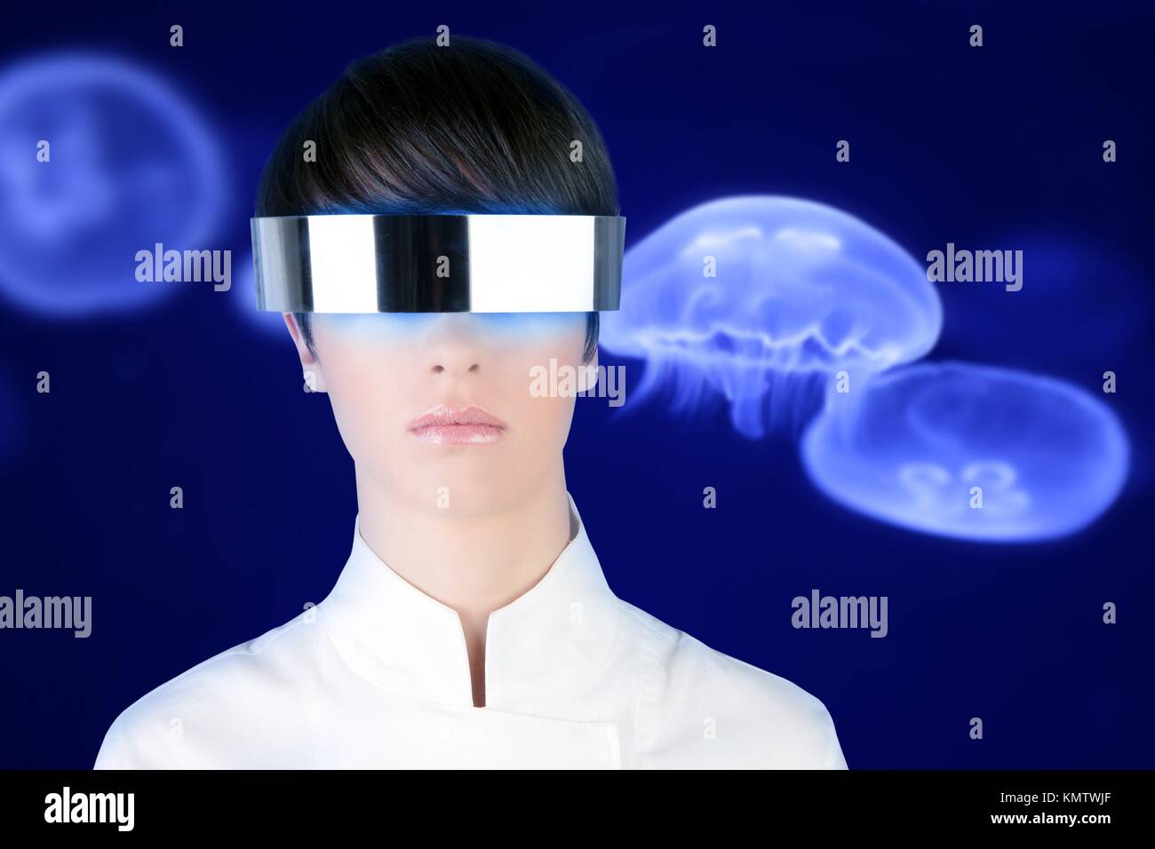 silver futuristic glasses woman blue underwater moon jellyfish background Stock Photo
