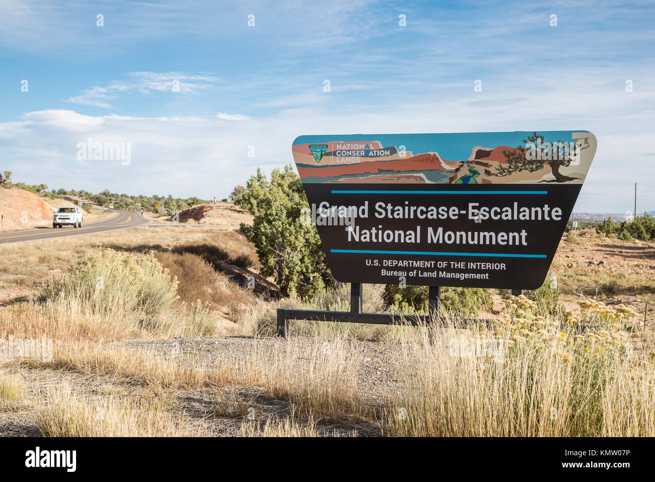Grand Staircase-Escalante National Monument sign on the side of a highway in Utah Stock Photo