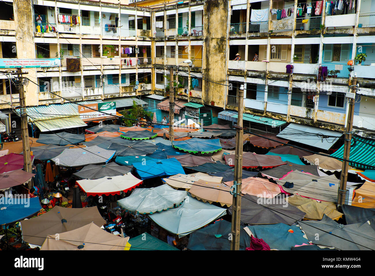 Amazing panoramic from high view of outdoor market among old building ...