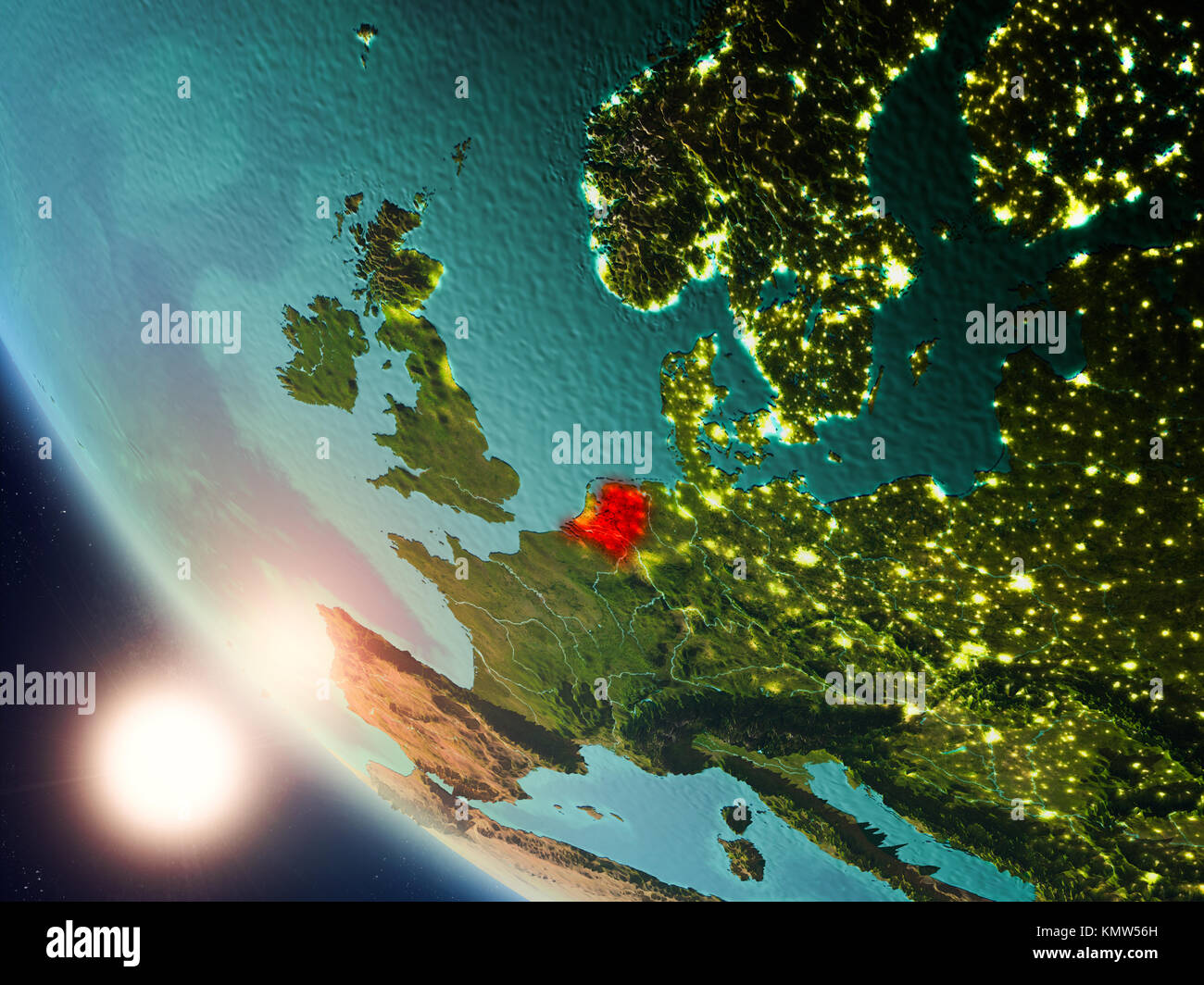 Satellite view of Netherlands highlighted in red on planet Earth with ...