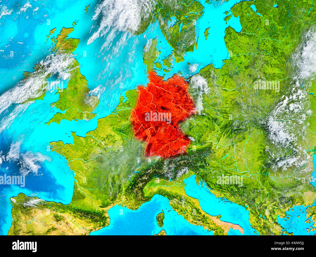 Germany highlighted in red on planet Earth. 3D illustration. Elements of this image furnished by NASA. Stock Photo