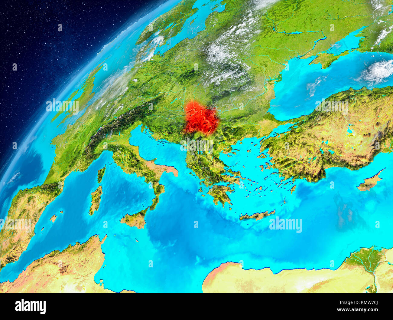 Country of Serbia in red on Earth with atmosphere. 3D