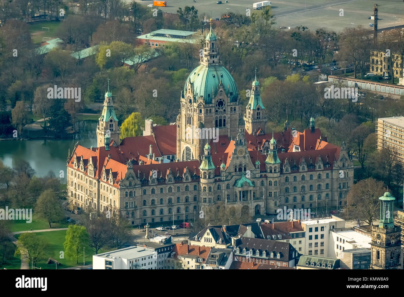 Neues Rathaus, Hanover landmark, Wilhelmine, castle-like magnificent building in eclectic style, City Council, City Hall dome, Hanover, state capital, Stock Photo