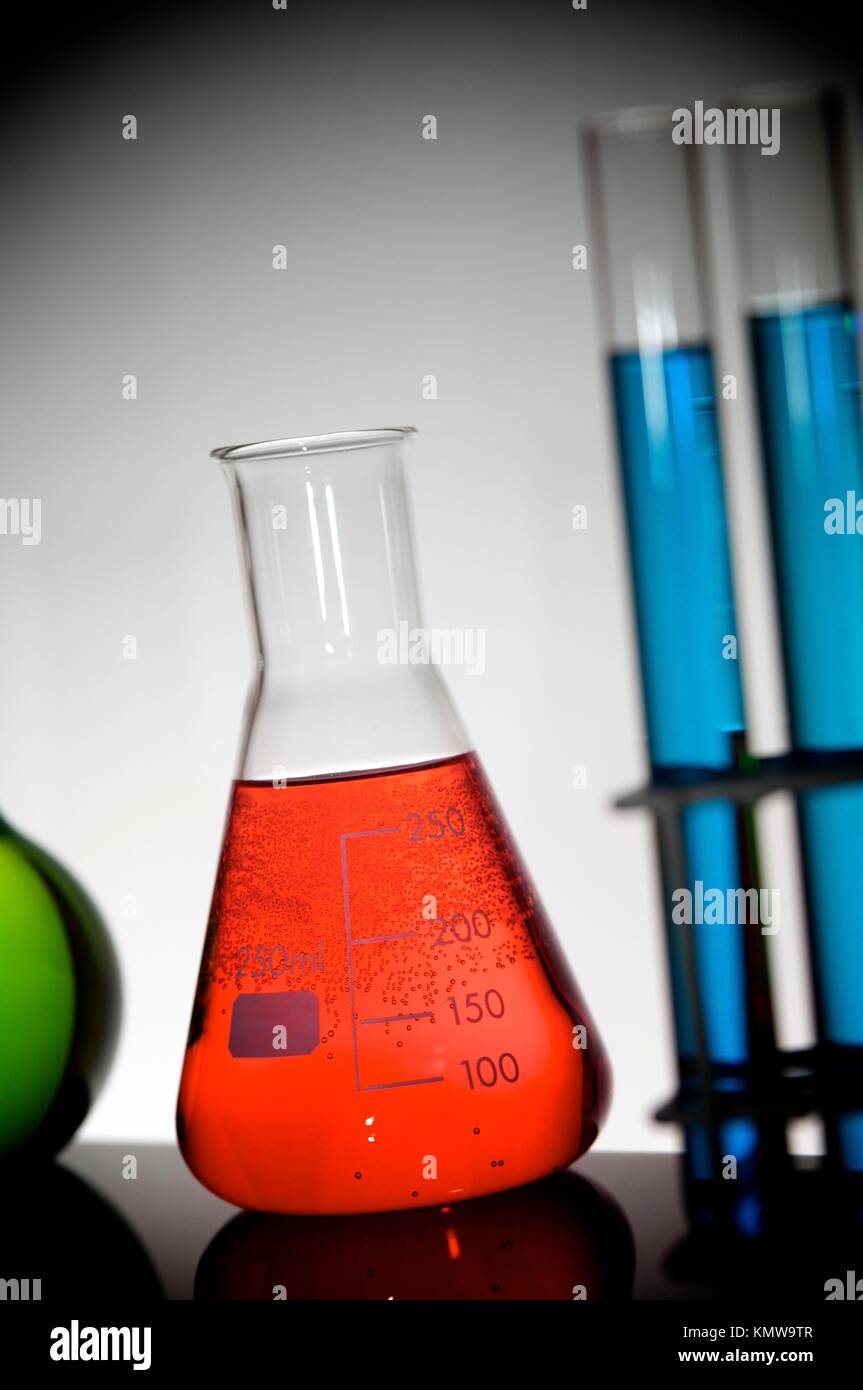 flask with bright red liquid in chemistry lab Stock Photo Alamy