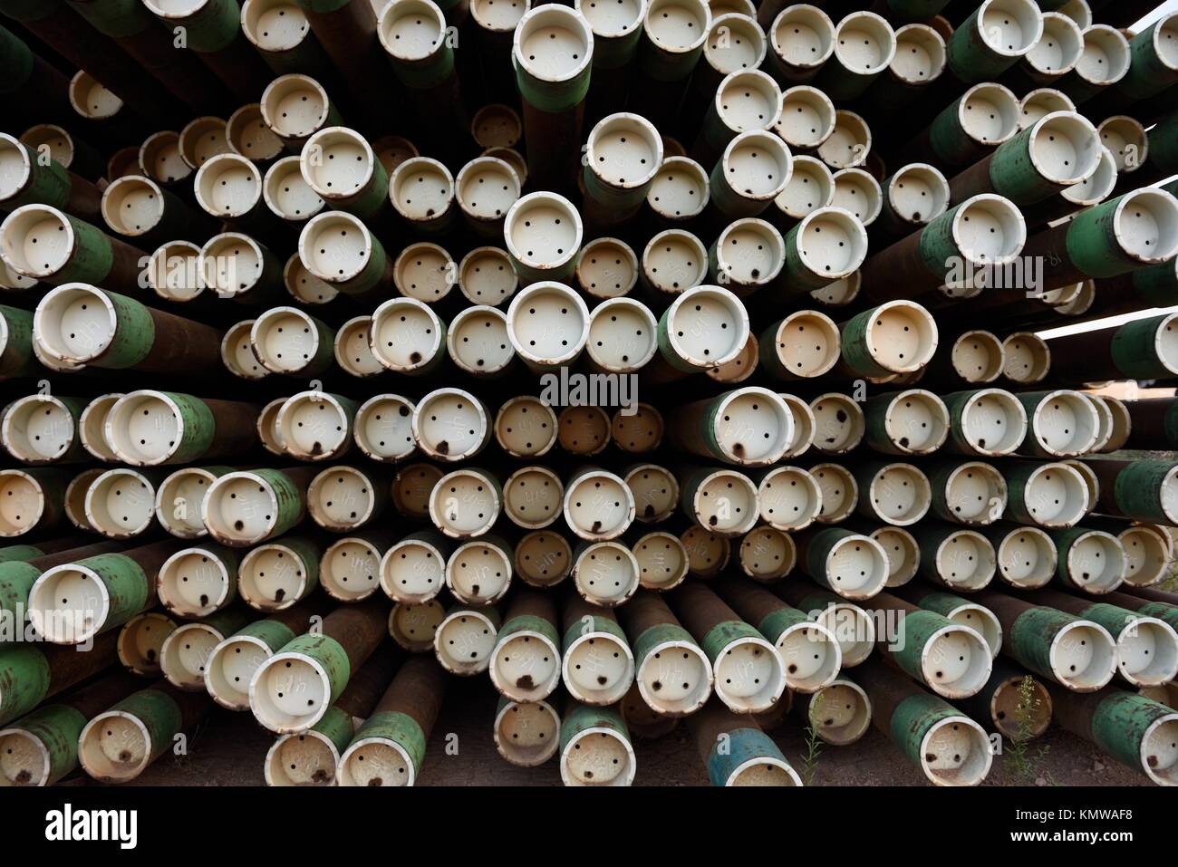 Oil and gas drilling pipes, large rack of iron metal pipes used for oil