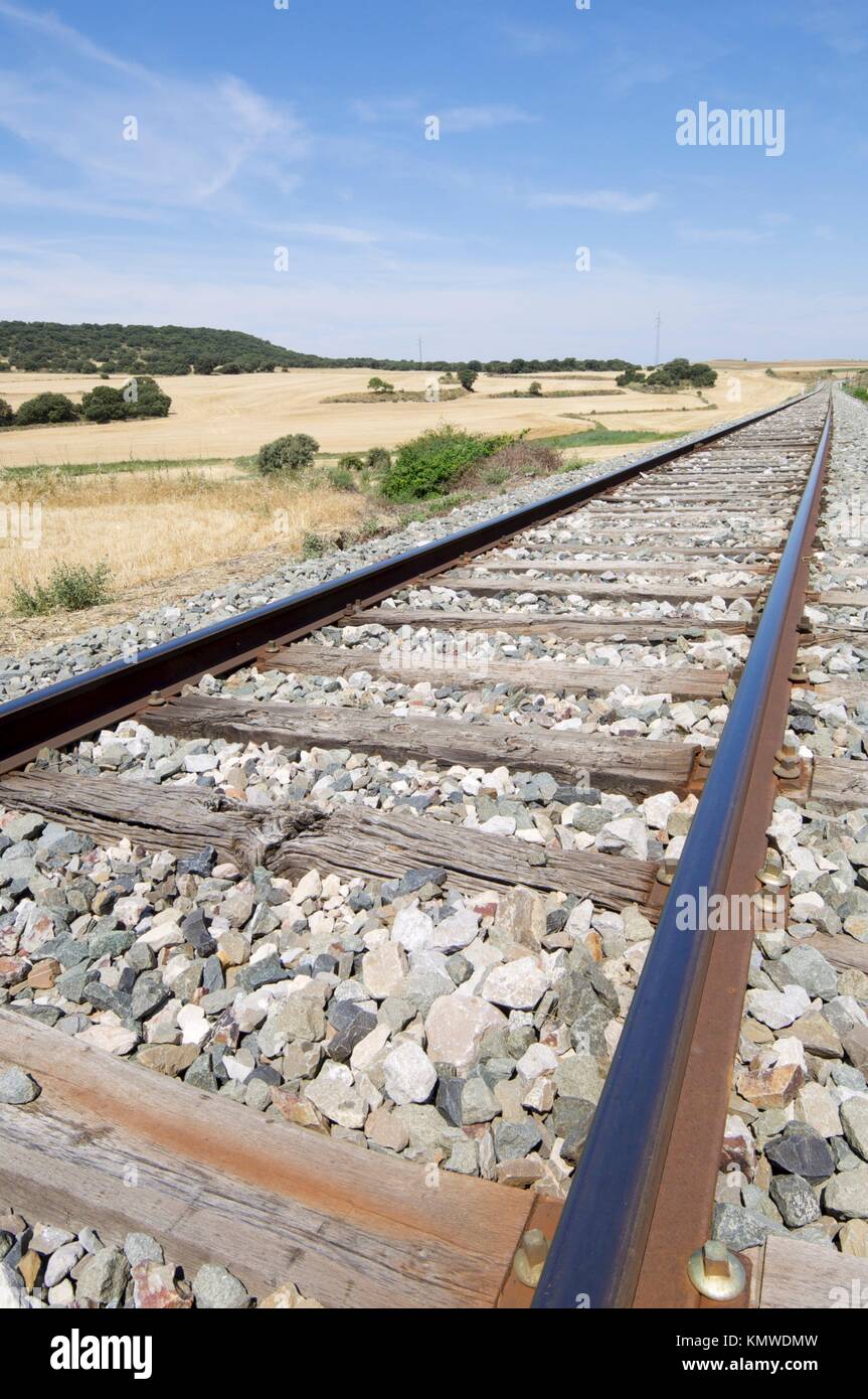 view of a railroad track in a flat landscape, Huesca, Aragon, Spain