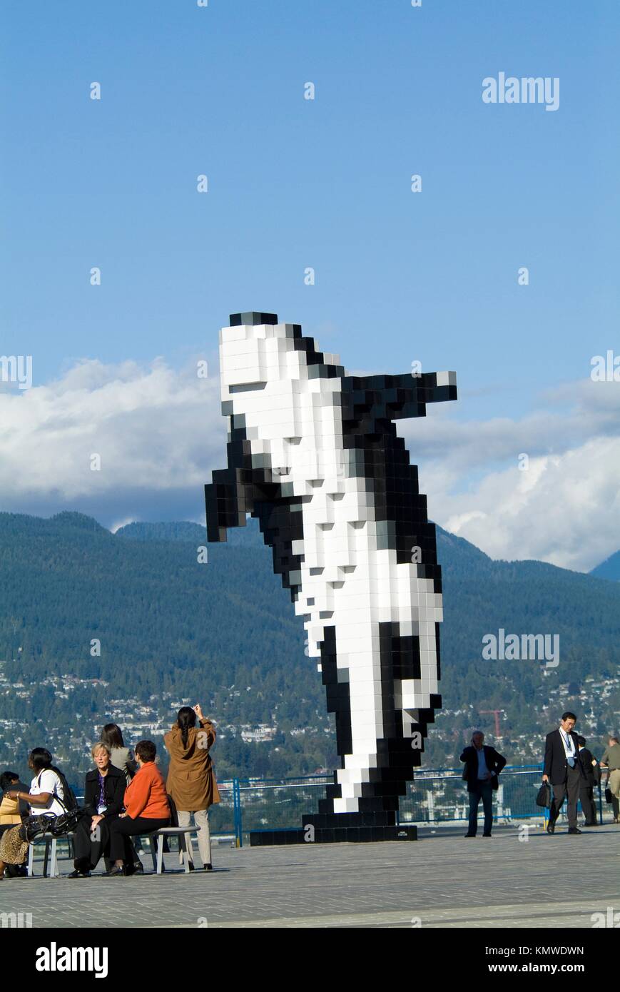 Digital Orca, sculpture by artist Douglas Coupland, at Jack Poole Plaza, next to the convention centre, downtown Vancouver, BC, Canada Stock Photo