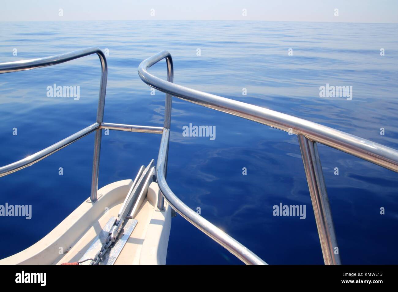 boat sailing blue calm ocean sea bow railing in Mediterranean Stock ...