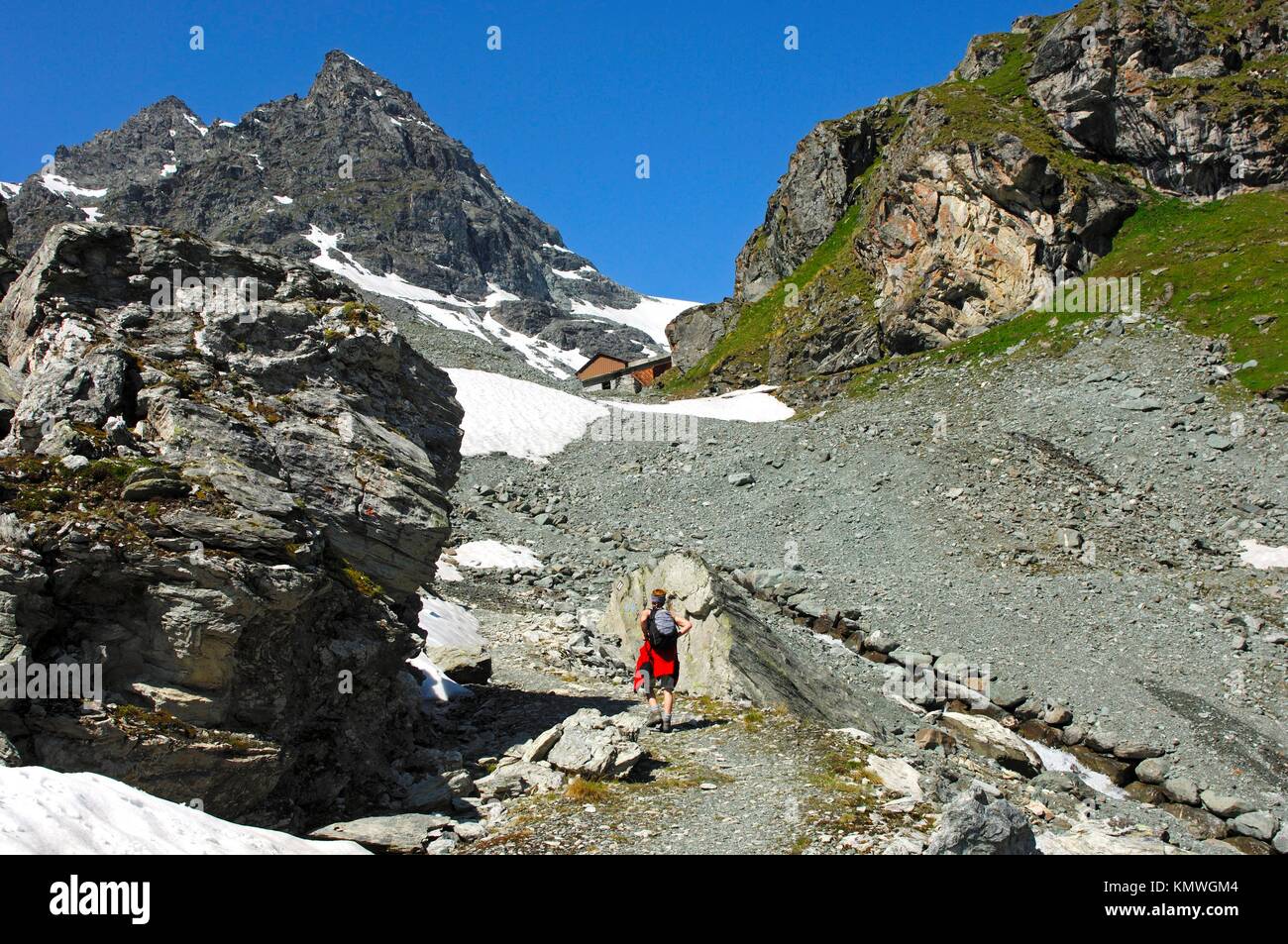Hiking in the mountains of the Pennine Alps, Valais, Switzerland Stock Photo
