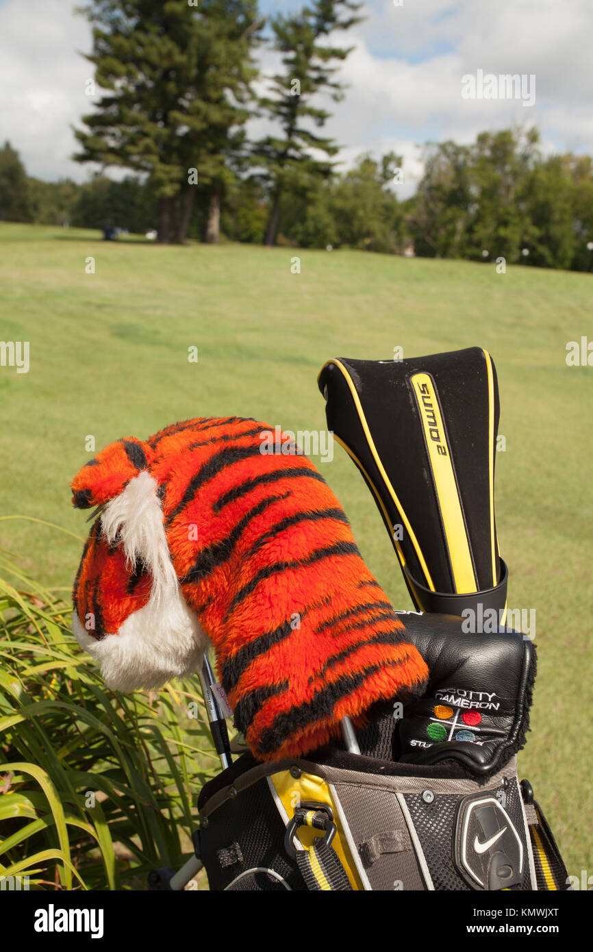Golf club covers at a golf course in Massachusetts USA. Stock Photo