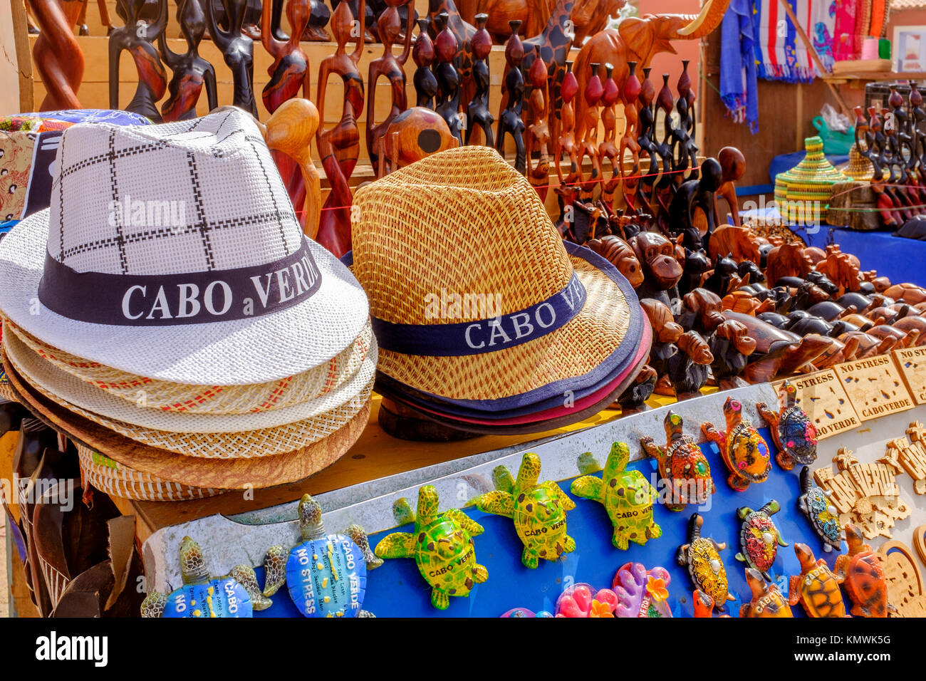 Selection of souvenirs at a tourist stall in Santa Maria, Sal, Cape Verde, Africa Stock Photo